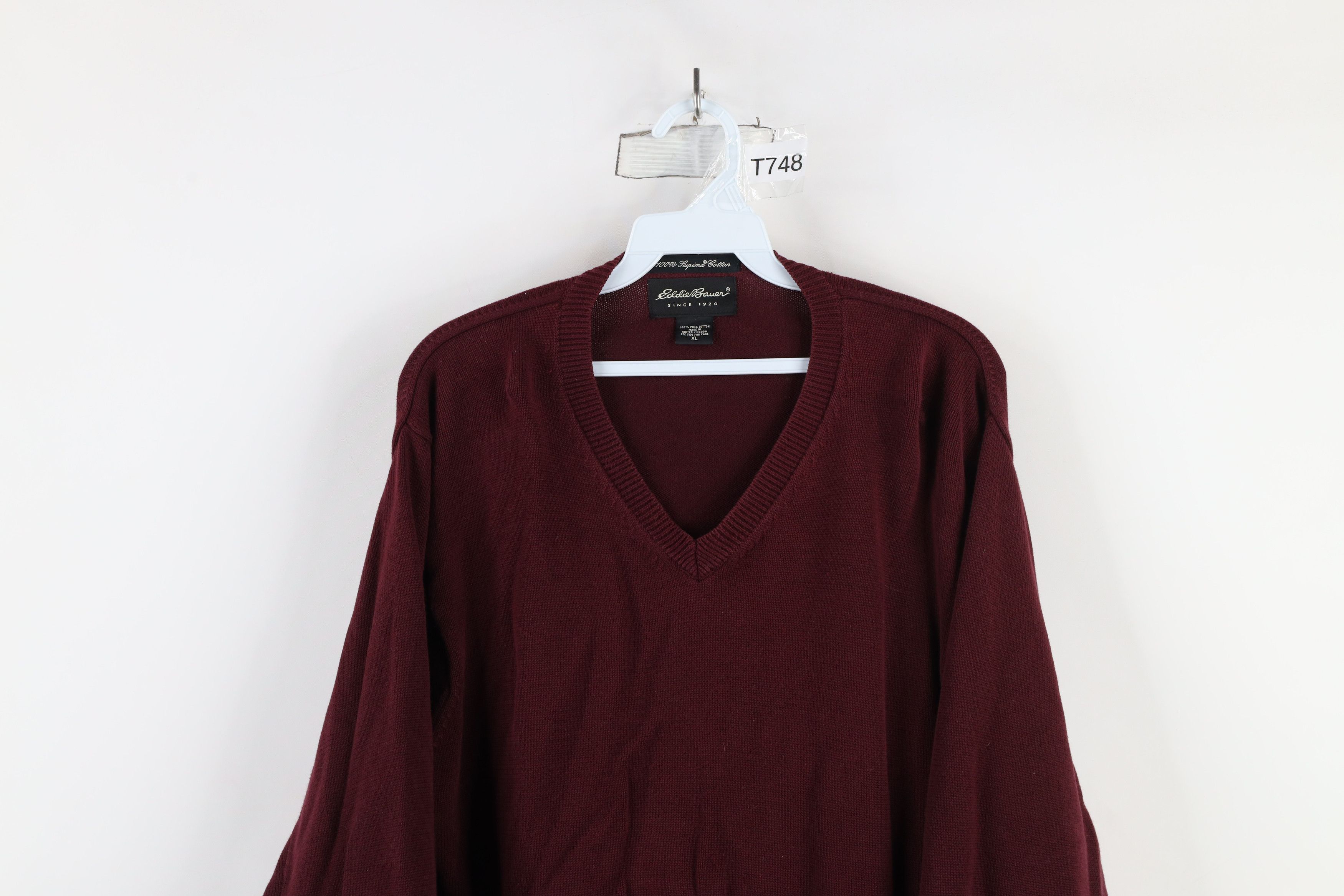 Eddie Bauer × Vintage Vintage 90s Eddie Bauer Cotton Knit V-Neck Sweater Burgundy Size US XL / EU 56 / 4 - 2 Thumbnail