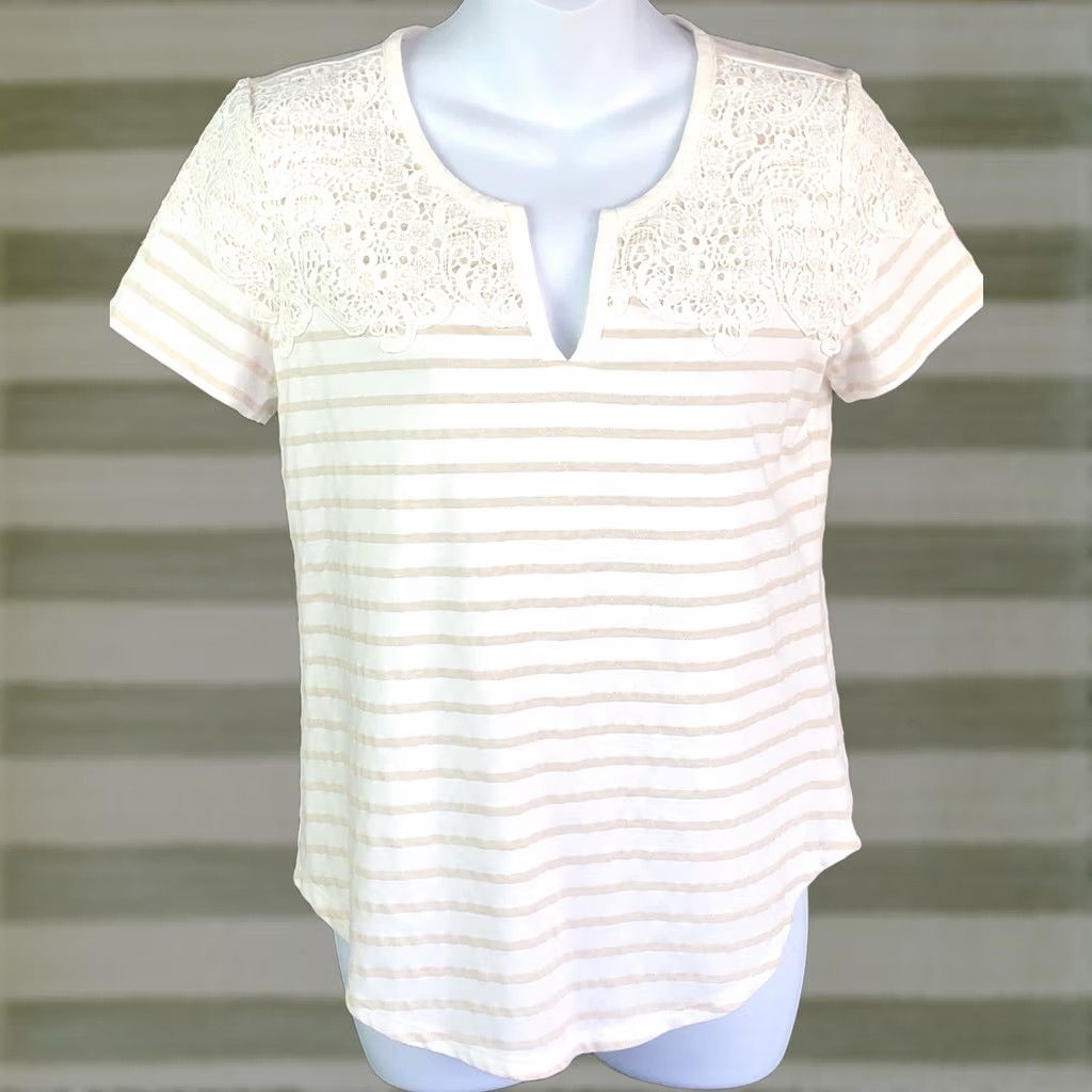 Liz Claiborne Liz Claiborne Shirt S ivory/tan stripe lace trim short sleeve tee cottage preppy Size S / US 4 / IT 40 - 1 Thumbnail