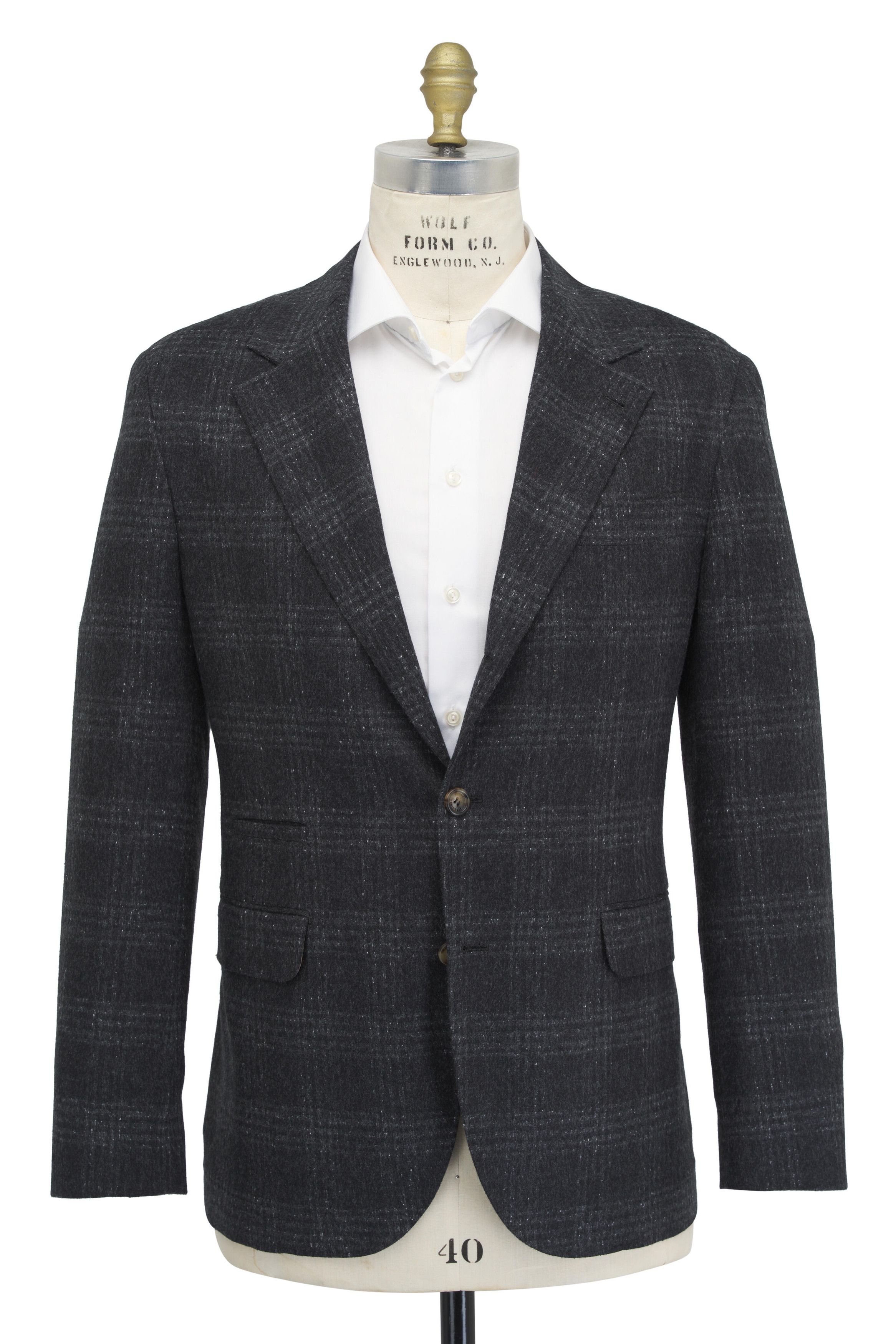 Brunello Cucinelli o1mtch0225 Plaid Leisure Silk & Wool Suit Charcoal Size US S / EU 44-46 / 1 - 1 Thumbnail