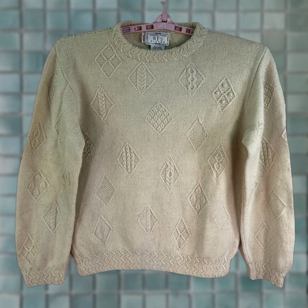 Vintage VTG Robert Stock Finery 100% Wool Sweater Men’s Size L Ivory Cable-Knit Crew Neck Pullover UK Made Mens Winter Casual Vintage Wool Sweater Size US L / EU 52-54 / 3 - 1 Thumbnail