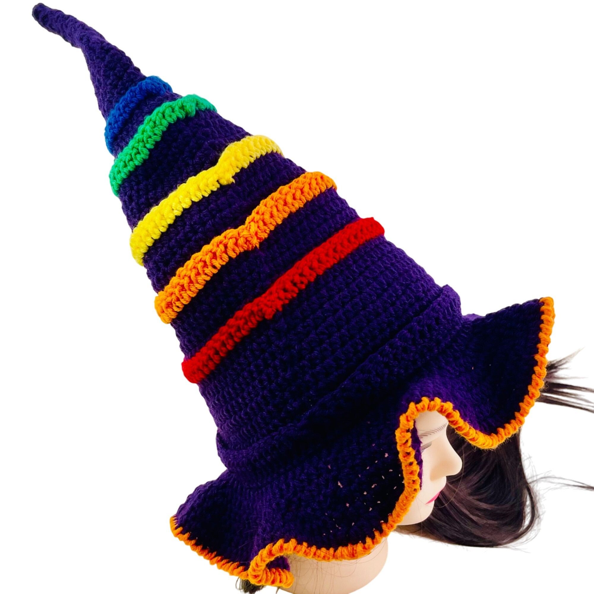 Handmade Crochet Witch Wizard Hat Handmade Purple Blue Orange Red Yel Size ONE SIZE - 3 Thumbnail
