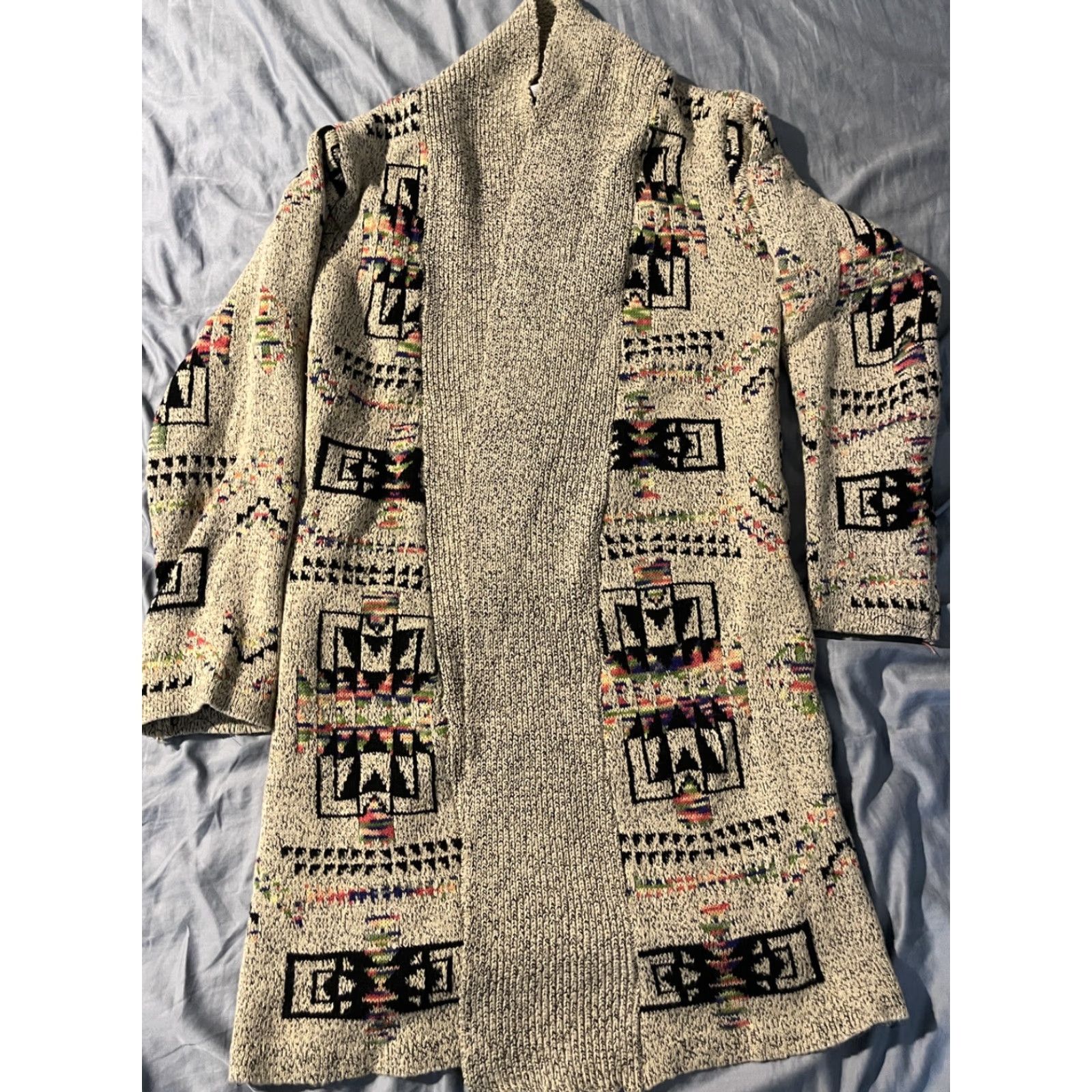 Native Northern Angel Southwestern Long Duster Cardigan Sweater Aztec Multicolor Open Knit Women's M Regular Cardigan Season Fall Winter Boho Angel Pattern Size M / US 6-8 / IT 42-44 - 2 Thumbnail