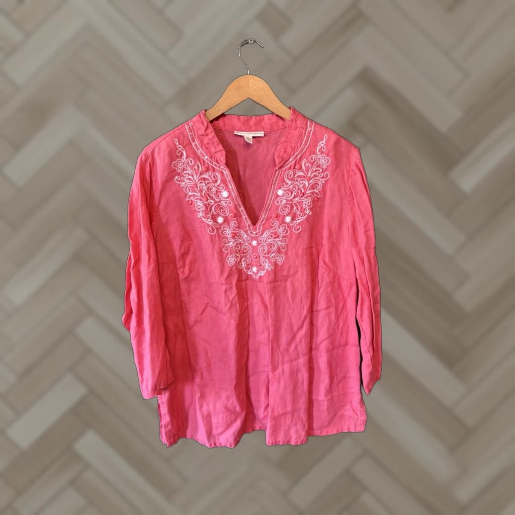 JM Collection JM Collection Womens Blouse Linen Pink 16W Long Sleeve Pullover Size XXL / US 16-18 / IT 52-54 - 1 Thumbnail