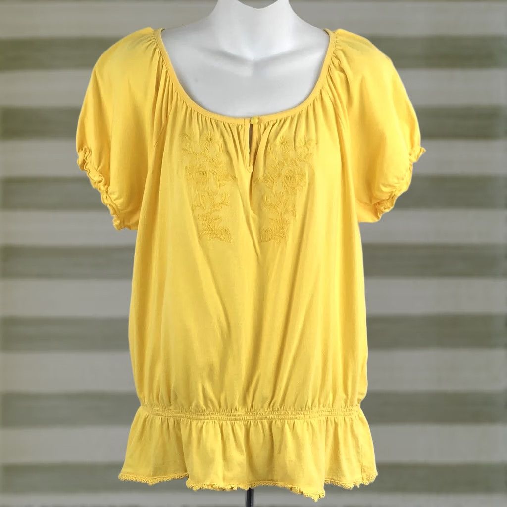 Vintage Lane Bryant Peasant Top 14/16w Yellow Embroidered Keyhole Ruffle ShortSleeve Blouse Women Plus Size 14/16w Yellow Bohemian Hippe Size XL / US 12-14 / IT 48-50 - 1 Thumbnail
