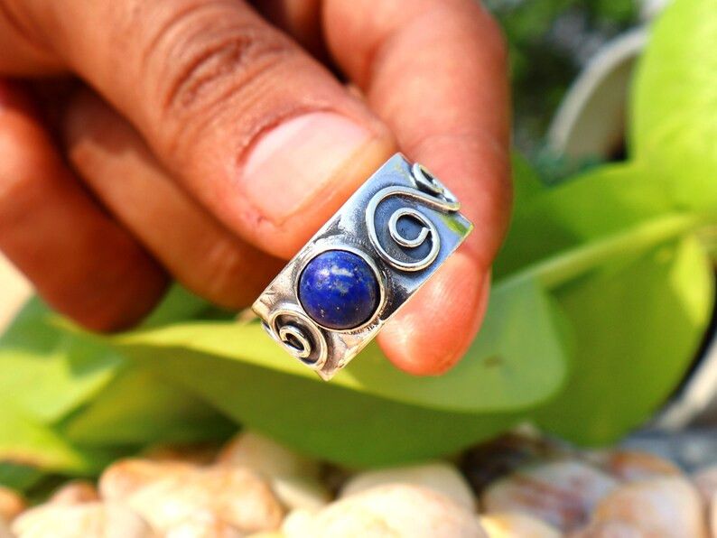 Handmade Lapis Lazuli Band Ring, Handmade Sterling Silver Ring Size ONE SIZE - 6 Thumbnail