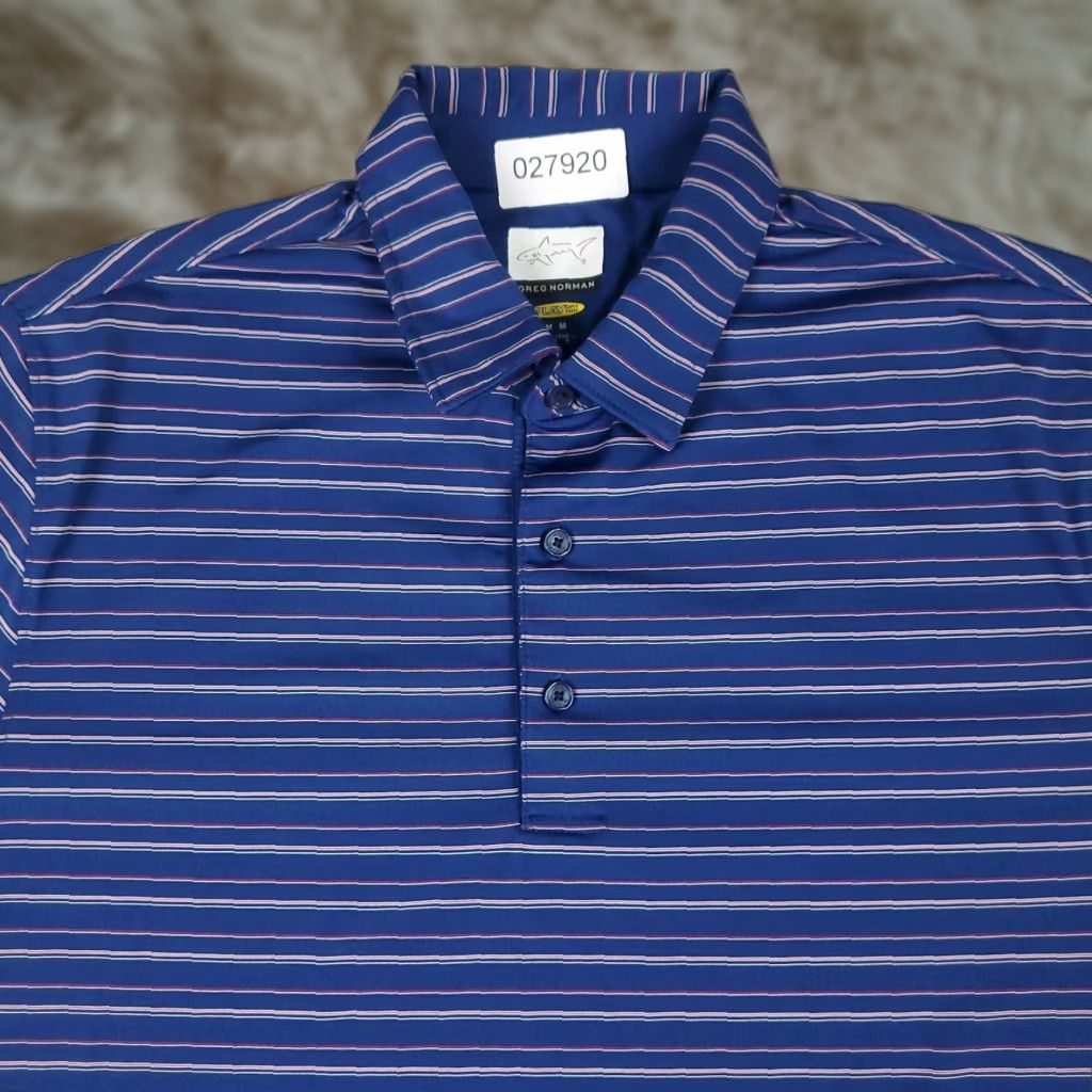 Vintage Greg Norman Polo Shirt Mens M Blue Striped Shark Casual Golf Short Sleeve Size US M / EU 48-50 / 2 - 1 Thumbnail