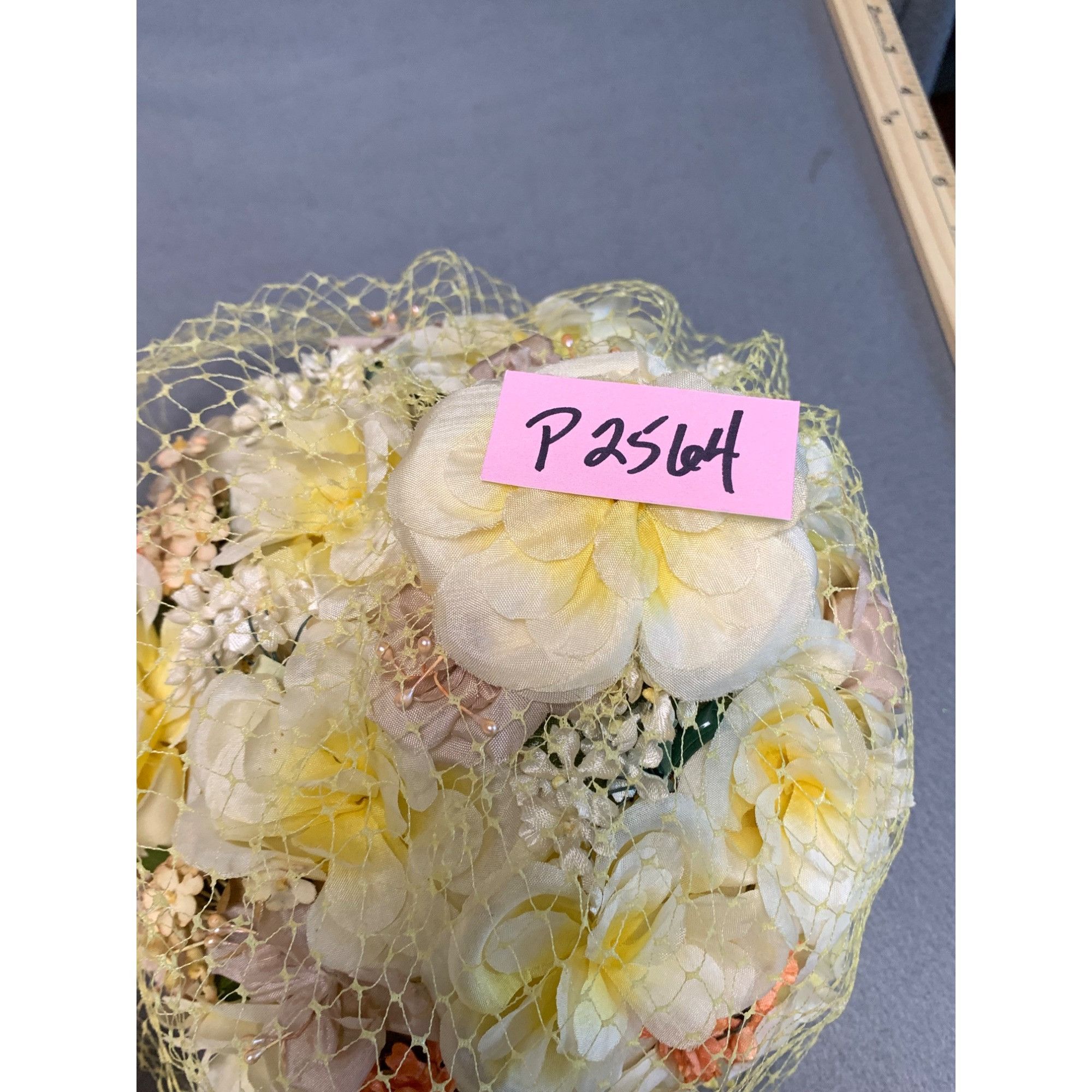 Other Vintage 1950s Floral Net Hat with Yellow Veil Union Made 23" Size ONE SIZE - 6 Thumbnail