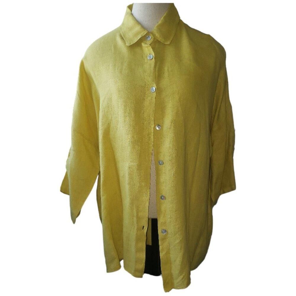 Designer CT1620 Made in Italy Mustard Linen Button Front Top L Size L / US 10 / IT 46 - 1 Thumbnail