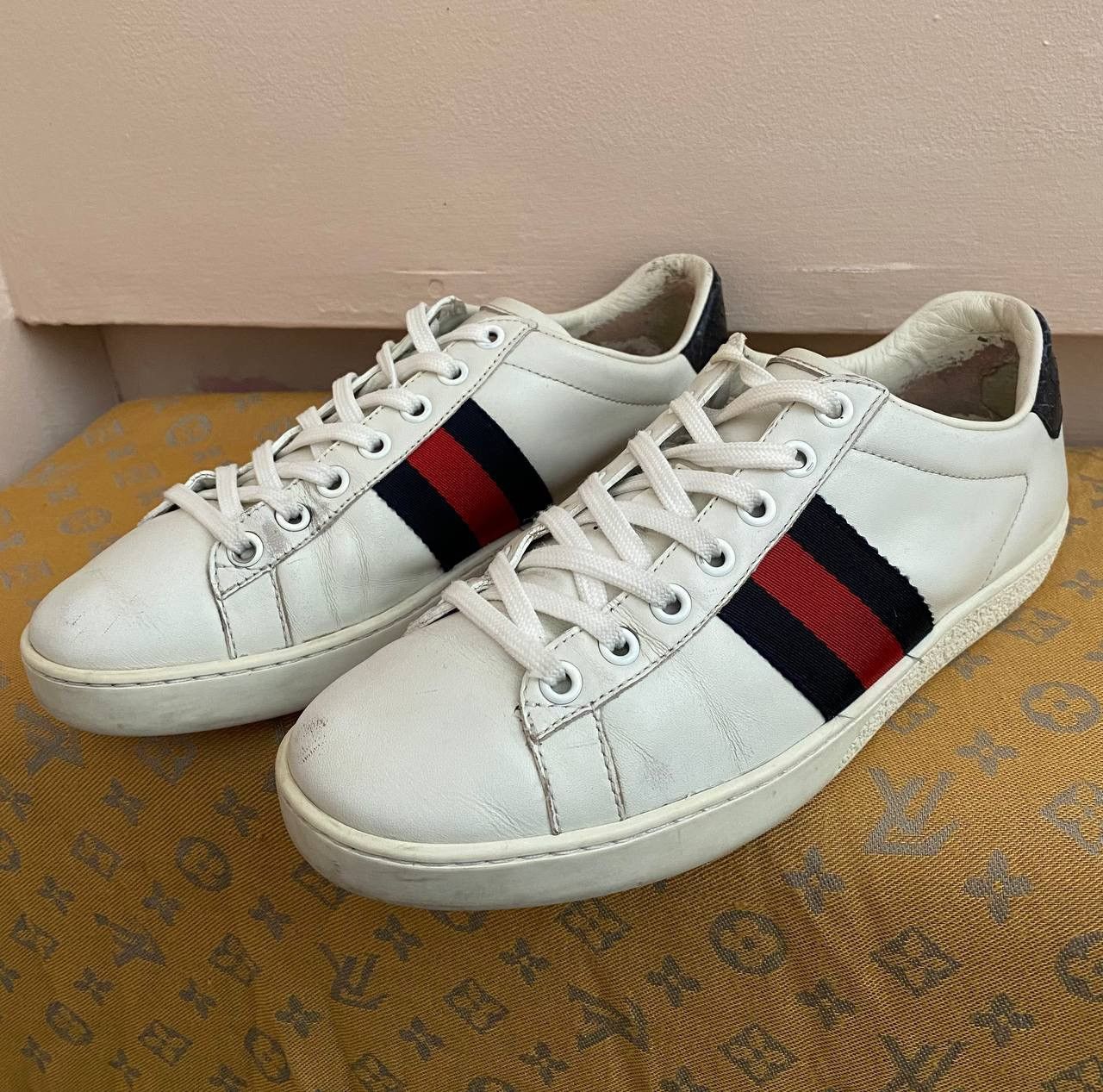 Designer × Gucci 🇮🇹Gucci Ace Sneakers Og Blue Web White Leather Shoes Monogram Size US 6 / IT 36 - 4 Thumbnail