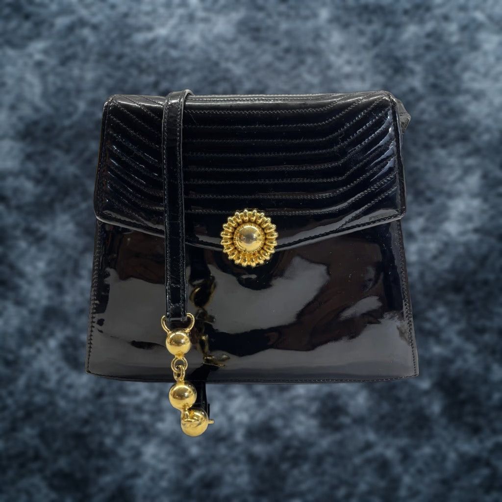 Vintage Siso Patent Leather Satchel Handbag With Gold Accents, Small, Black, Luxury Fashion, Made In Italy, Womens
