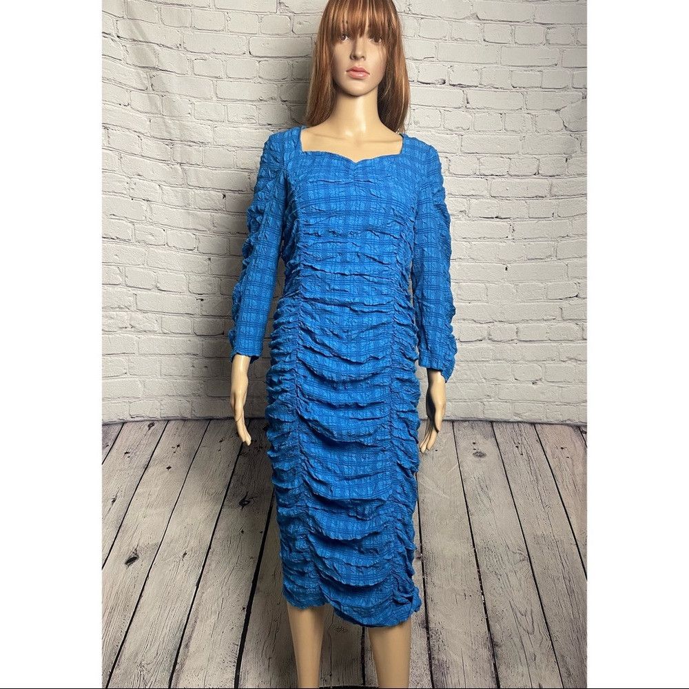 Zara NWT Zara Textured Blue Anne Dress Stretch Fitted Long Sleev Size L / US 10 / IT 46 - 1 Thumbnail
