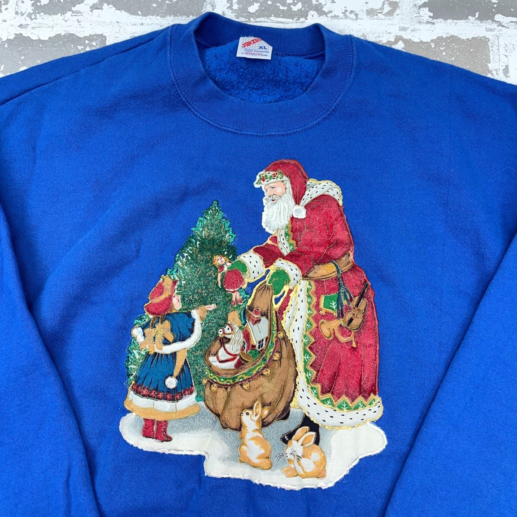 Tultex VINTAGE Christmas Sweater Women XL Blue Crew Neck Sweatshirt USA 90s Santa Claus Size XL / US 12-14 / IT 48-50 - 2 Thumbnail
