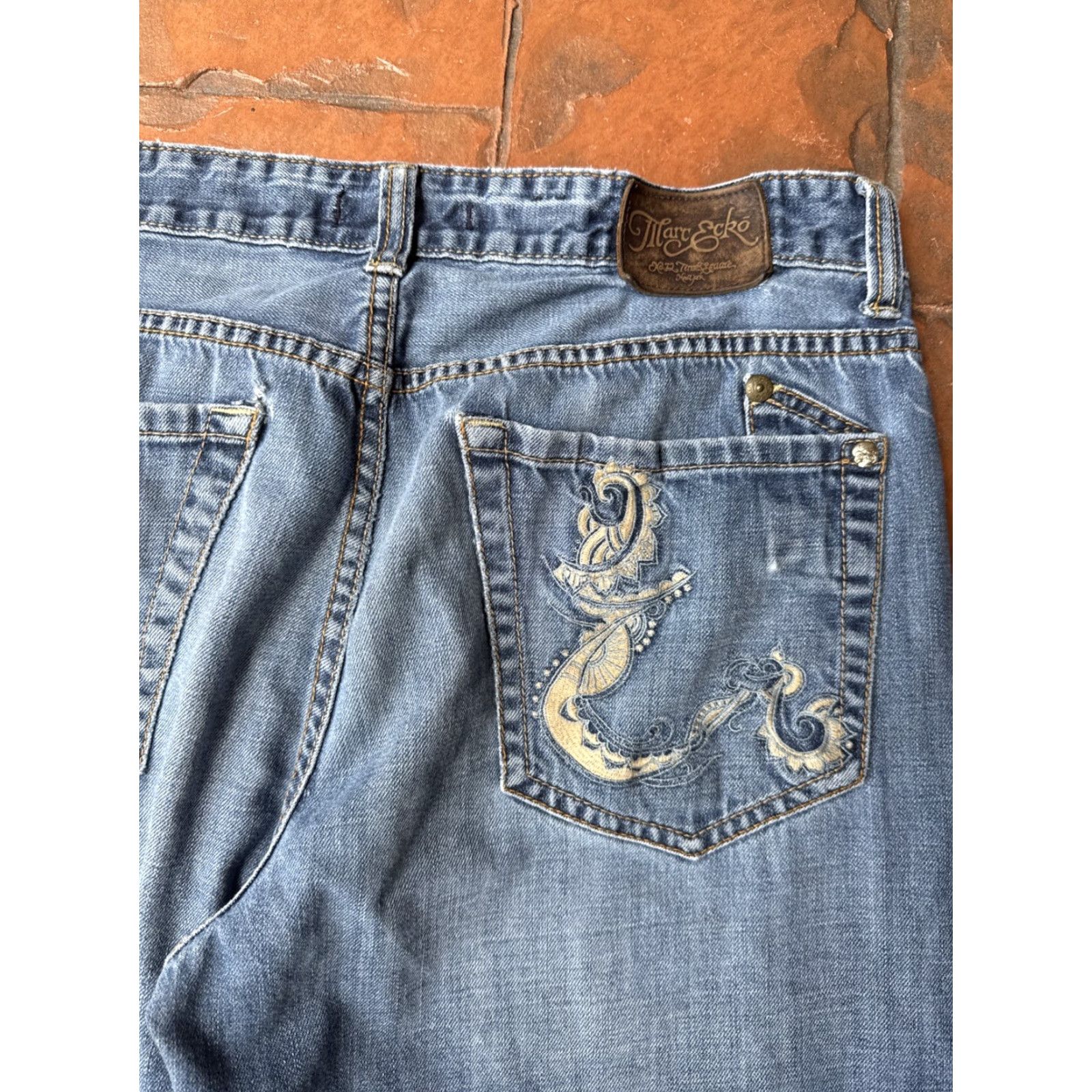 Marcs VINTAGE Marc Ecko Jeans Bootcut Mens 38x30 Dark Blue Cotton Embroidered 90s Grunge Hip Hop Pockets Relaxed Bootscut 38 Mens Size US 38 / EU 54 - 5 Thumbnail