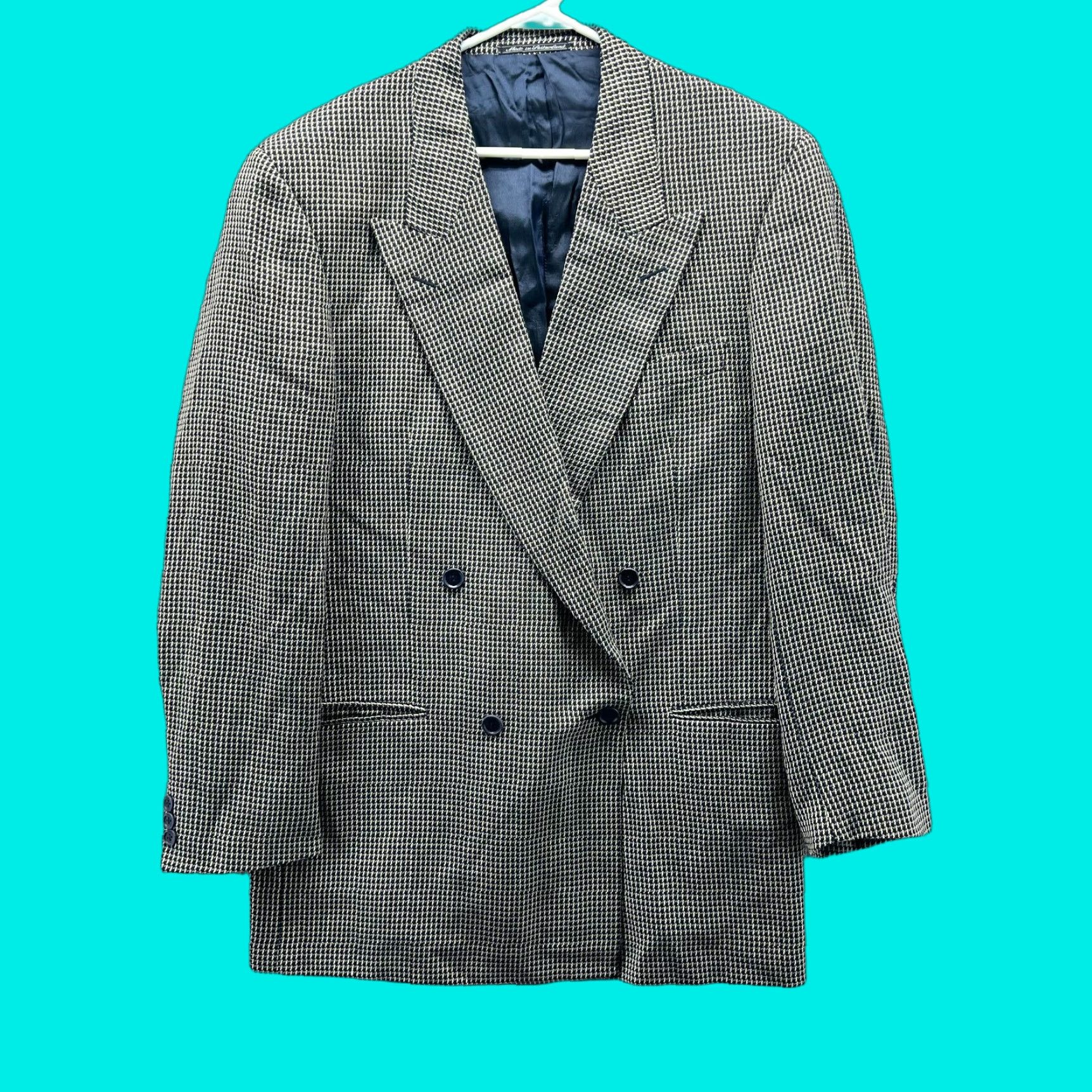 Ermenegildo Zegna Ermenegildo Zegna Soft Blazer Mens 44R Wool Silk Houndstooth Double Breasted Suit Coat Black Check Jacket Front Four-Button Tailored Regular Mens Size 44R - 1 Thumbnail