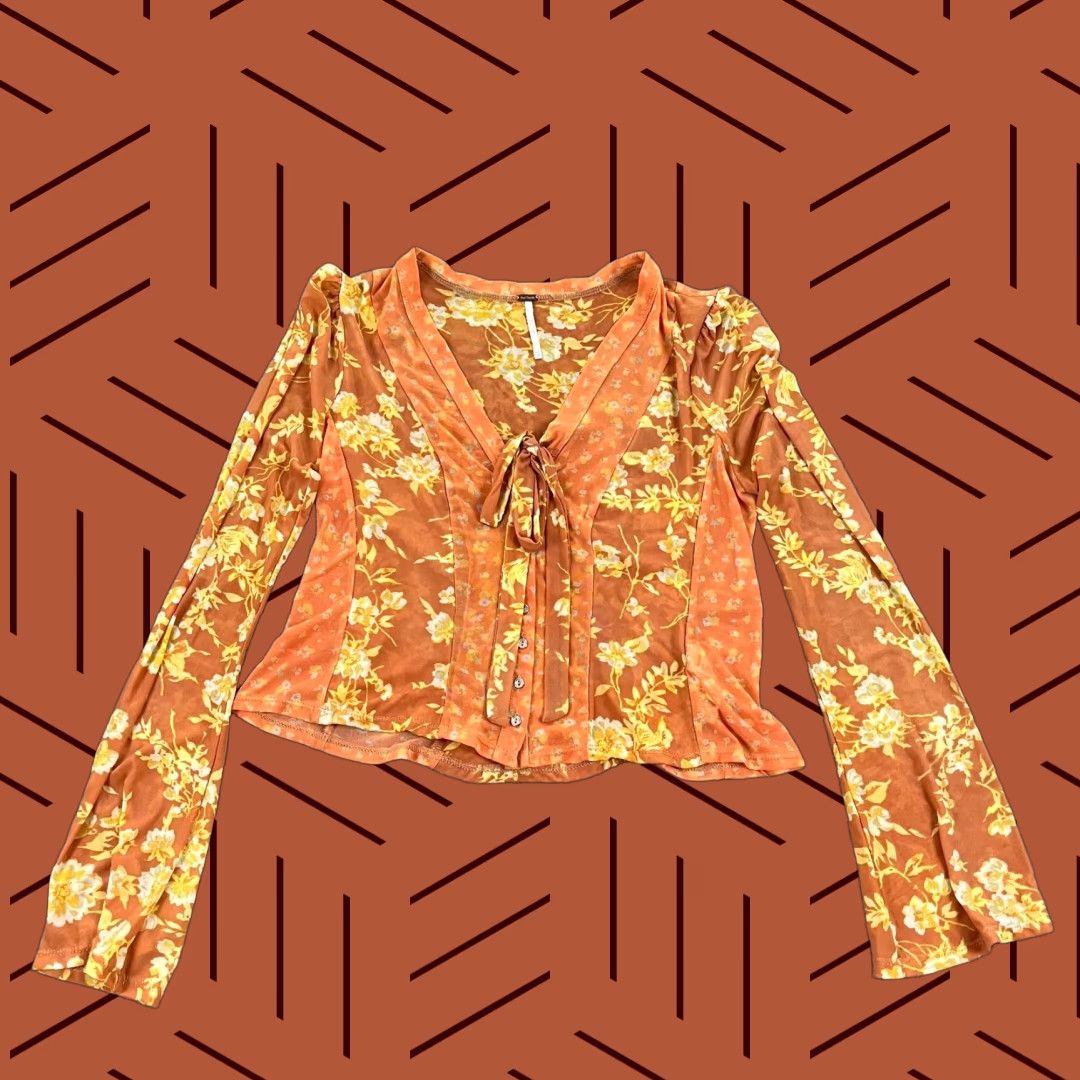 Free People Free People Top Womens XS Orange Yellow Floral Button Up Blouse Sheer Nylon Size XS / US 0-2 / IT 36-38 - 1 Thumbnail