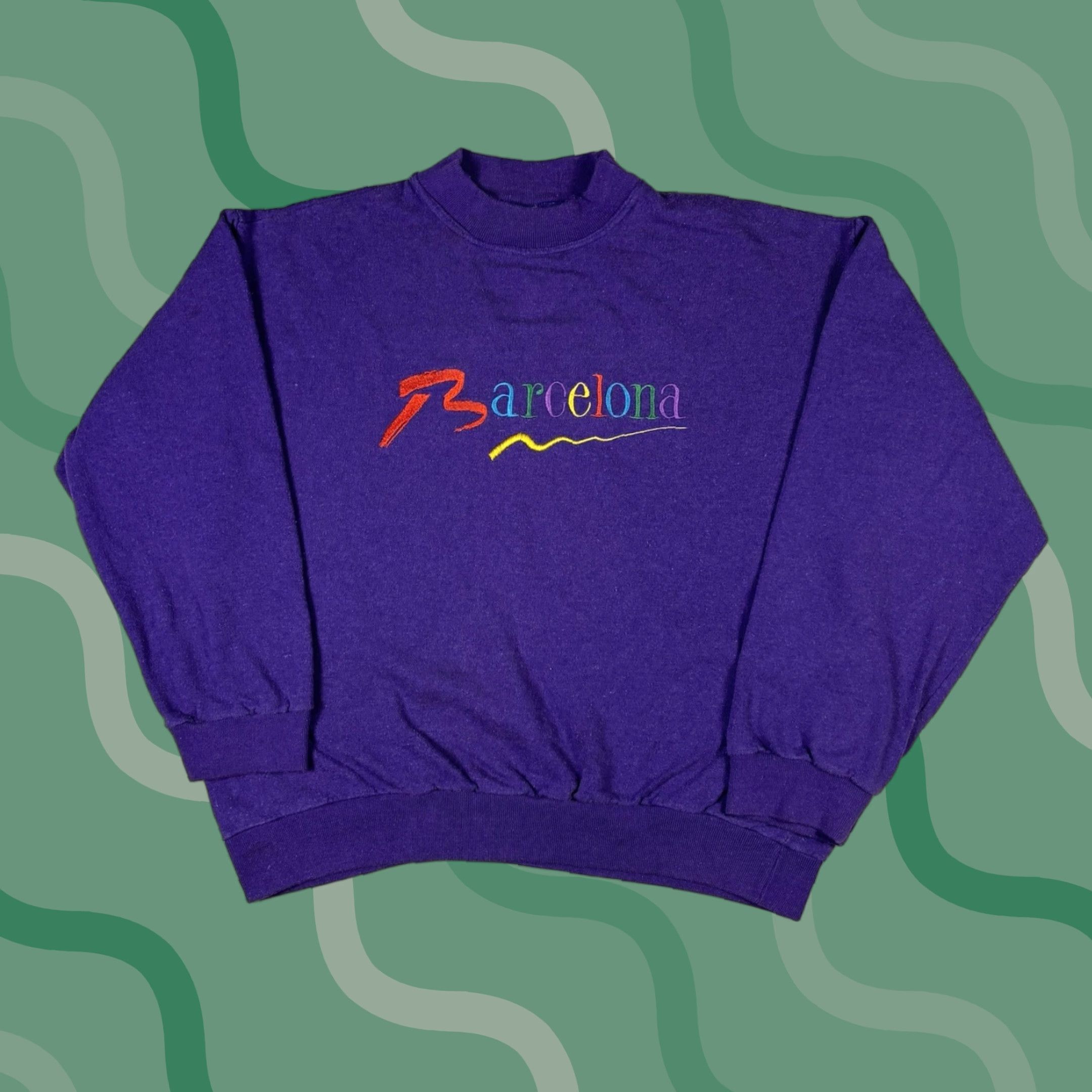 Spell VINTAGE Barcelona Sweatshirt Embroidered Spell Out Crewneck Purple size S Mens 80s All Seasons Cotton Fleece Pullover Distressed Size US S / EU 44-46 / 1 - 1 Thumbnail