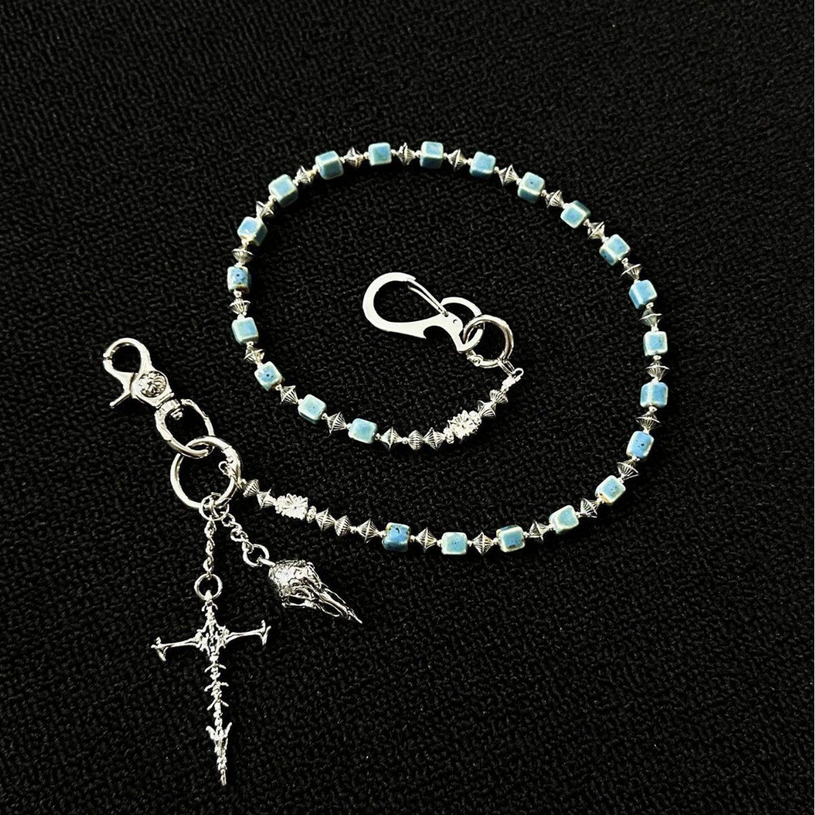 Jewelry Blue Beaded Chain Wallet Accessory with Silver Charms Size ONE SIZE - 2 Thumbnail