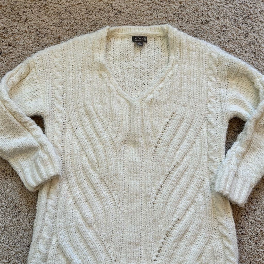 Other Cupcake Women's L Ivory V-Neck Cable Knit Pullover Sweater Size L / US 10 / IT 46 - 2 Thumbnail