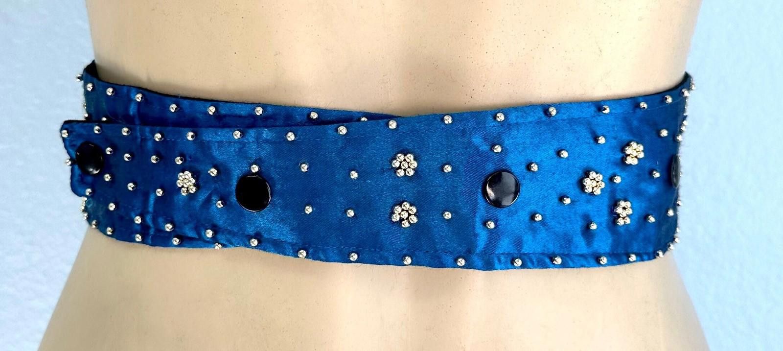 Designer Silk Beaded Cummerbund Fashion Belt Blue with Cat Size ONE SIZE - 2 Thumbnail