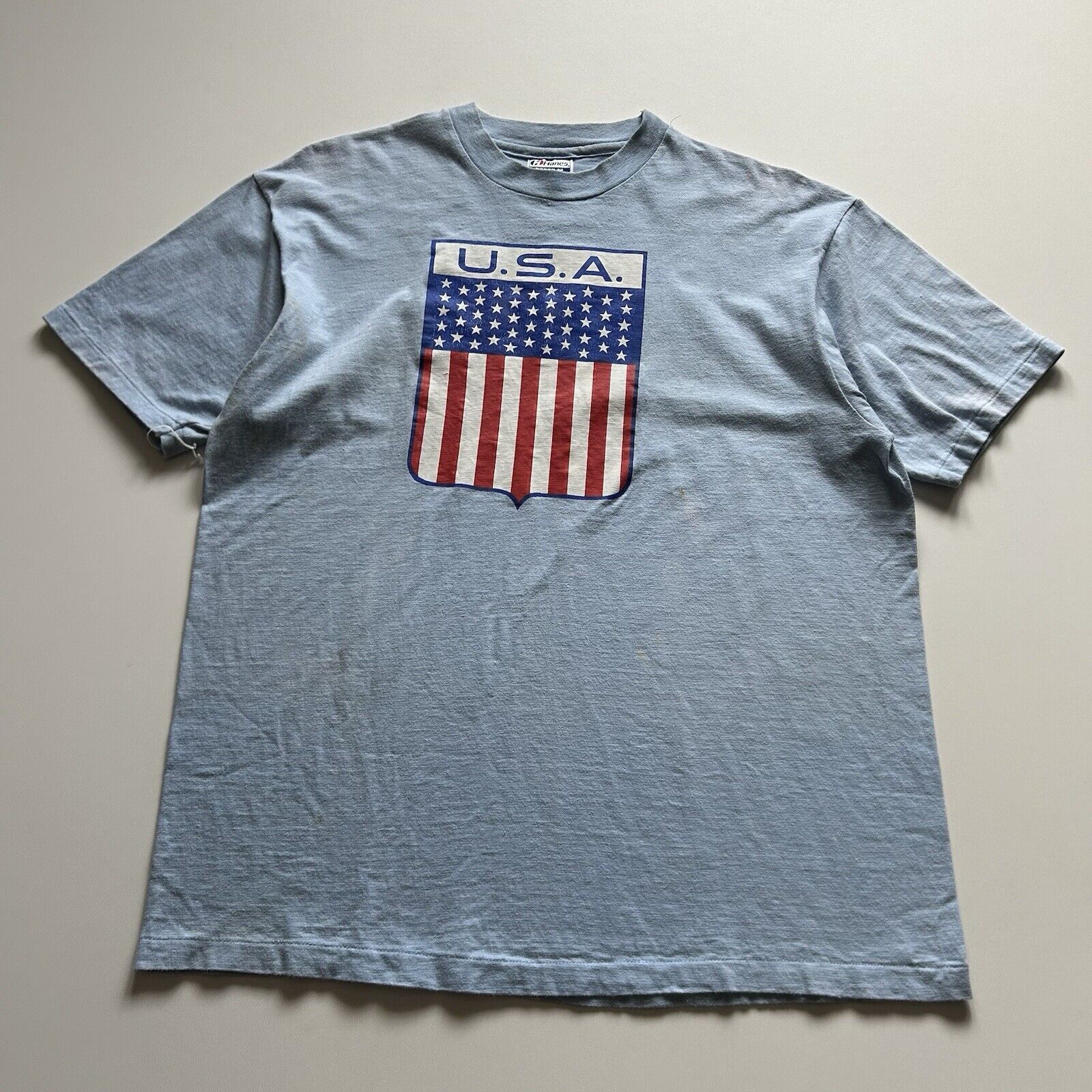Vintage Vintage 90s USA Flag America T Shirt XL Blue Hanes Beefy T Size US XL / EU 56 / 4 - 1 Thumbnail