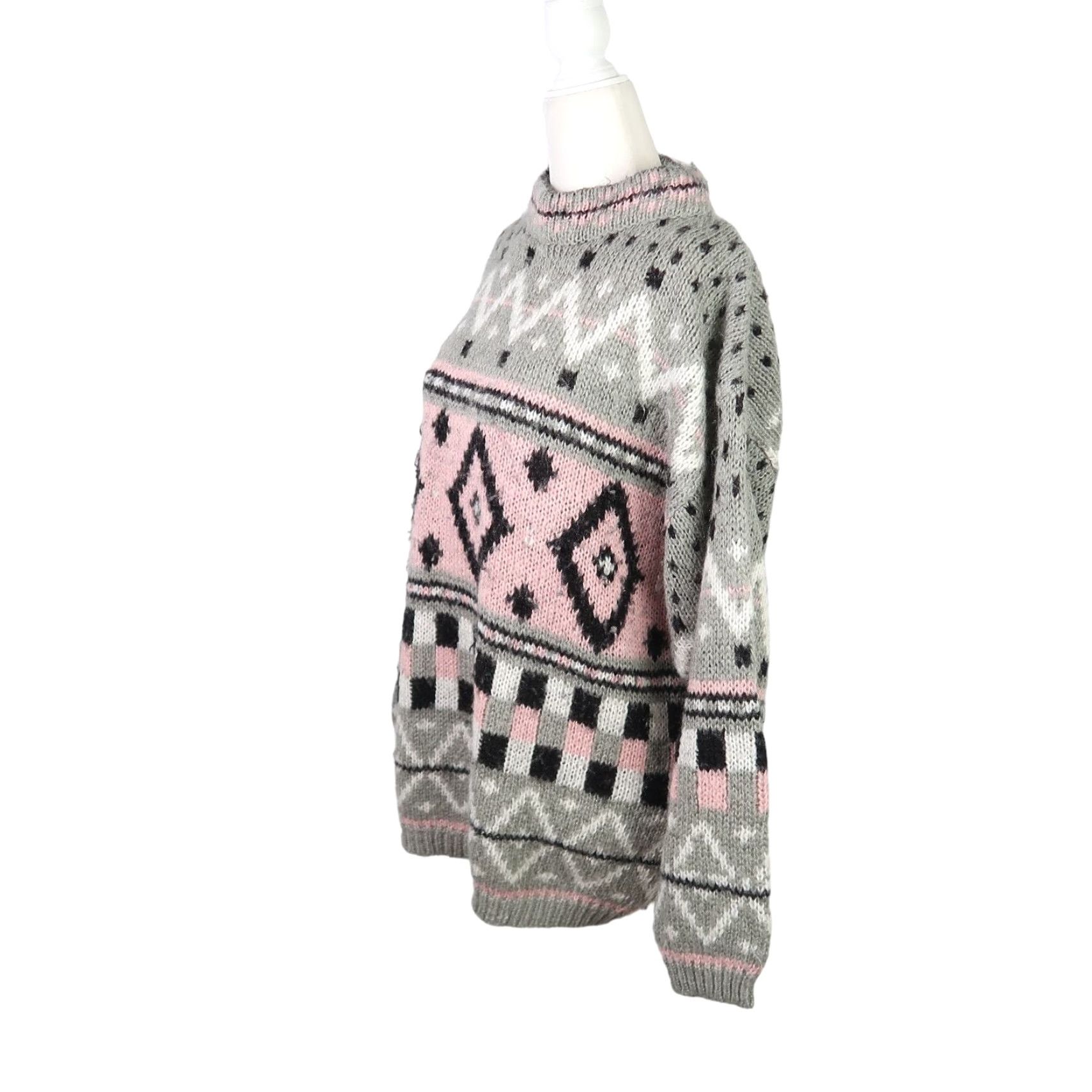 Pinko VINTAGE 80s Eber Geometric Knit Sweater Women S Light Grey Pink High Neck Pullover Long Sleeve Acrylic Geometric Pattern Fall Winter Ladies S Size S / US 4 / IT 40 - 3 Thumbnail