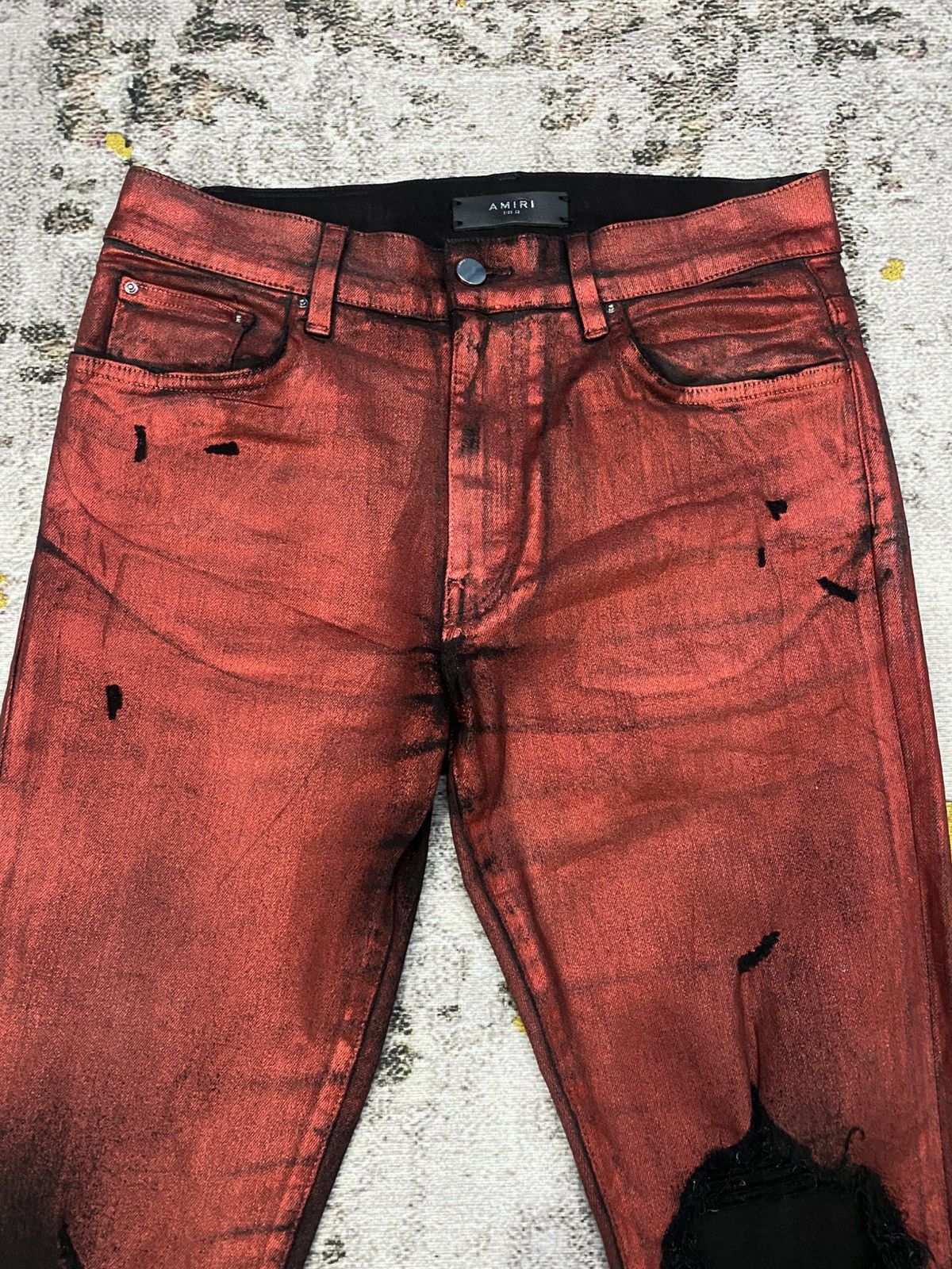 Amiri Amiri Knee Hole Red Waxed Denim Jeans Size US 31 - 6 Thumbnail