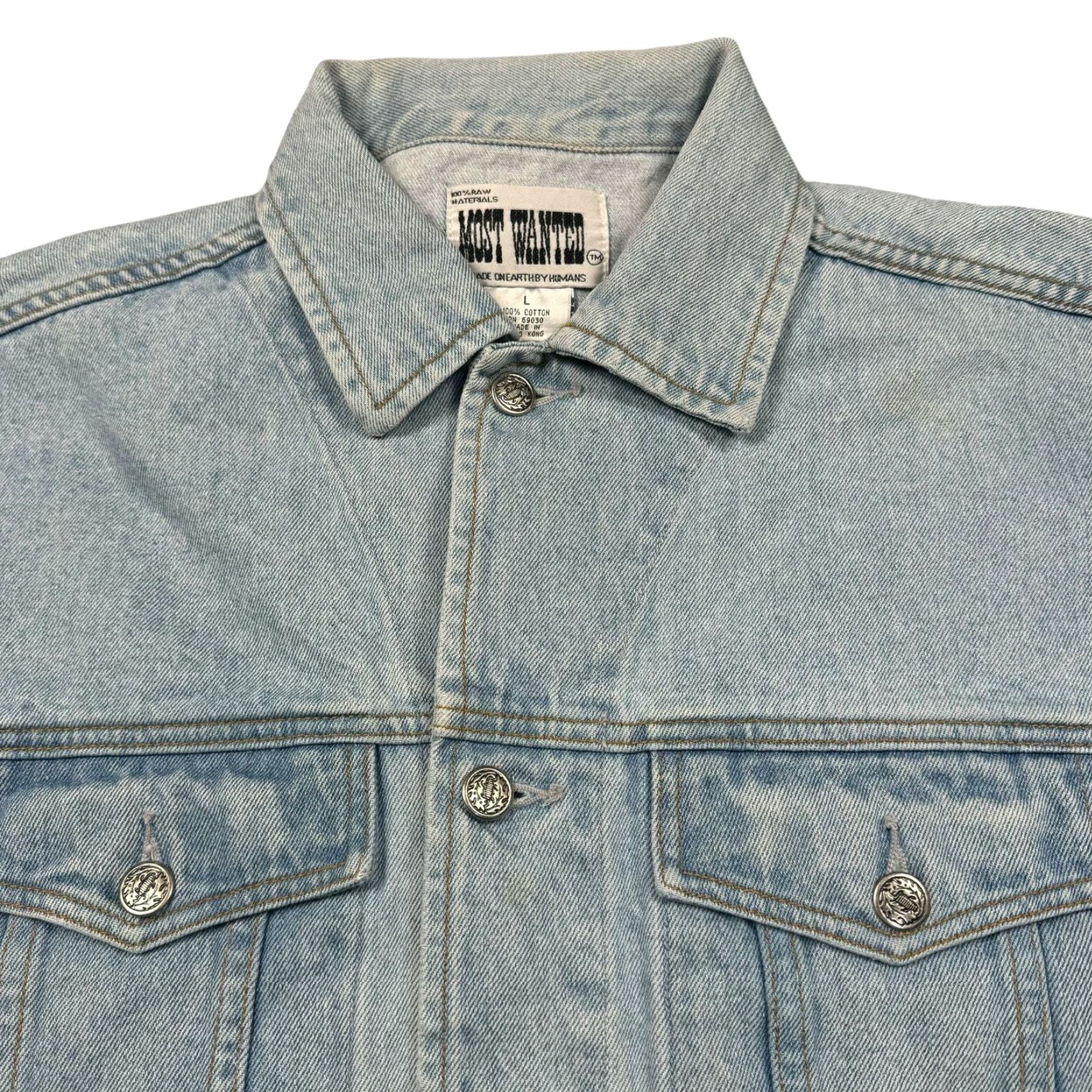 Vintage VINTAGE Denim Jacket Mens L 90s Lightwash Oklahoma Omaha Most Wanted Jacket Jeans Blue Embroidered 90s Mens Wang? Size US 33 - 6 Thumbnail