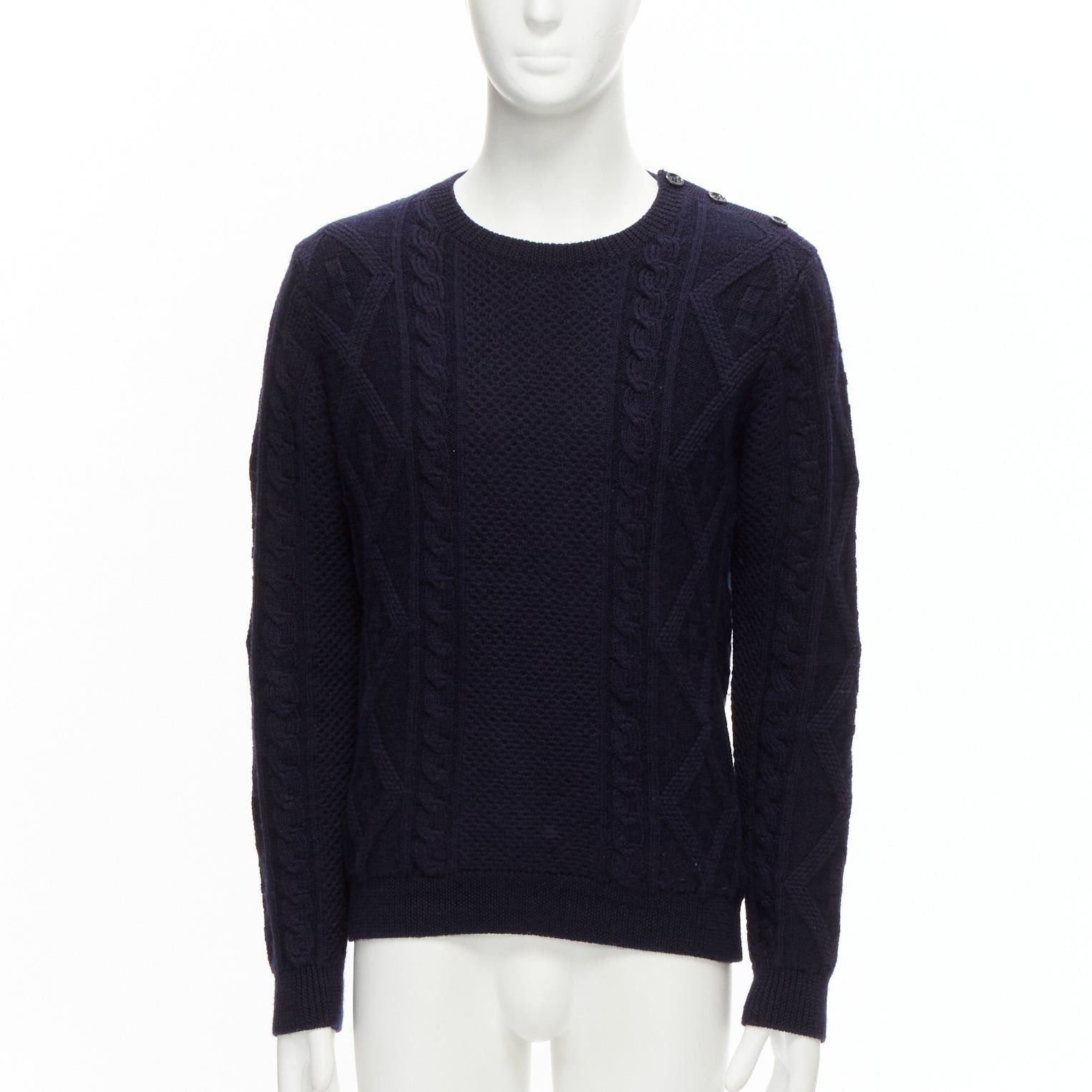 A.P.C. APC 100% wool navy blue fisherman cable knit crew neck long sleeve sweater S Size US S / EU 44-46 / 1 - 1 Thumbnail