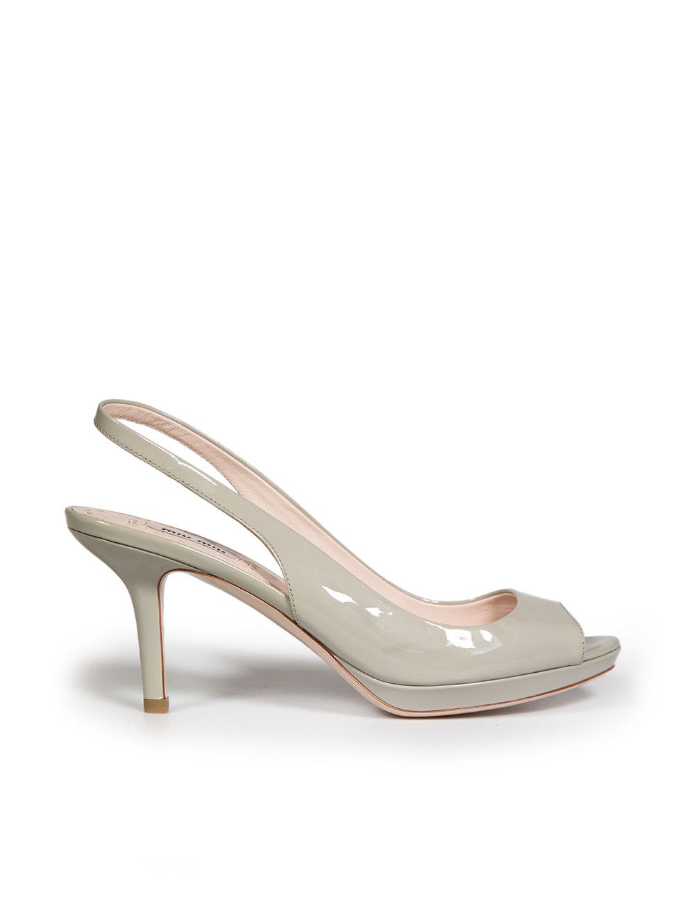 image of Miu Miu Grey Patent Leather Peep Toe Slingback Sandals, Women's (Size 8)