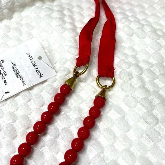 Valentino Red Beaded Ribbon Necklace with Gold Pendant Size ONE SIZE - 9 Thumbnail
