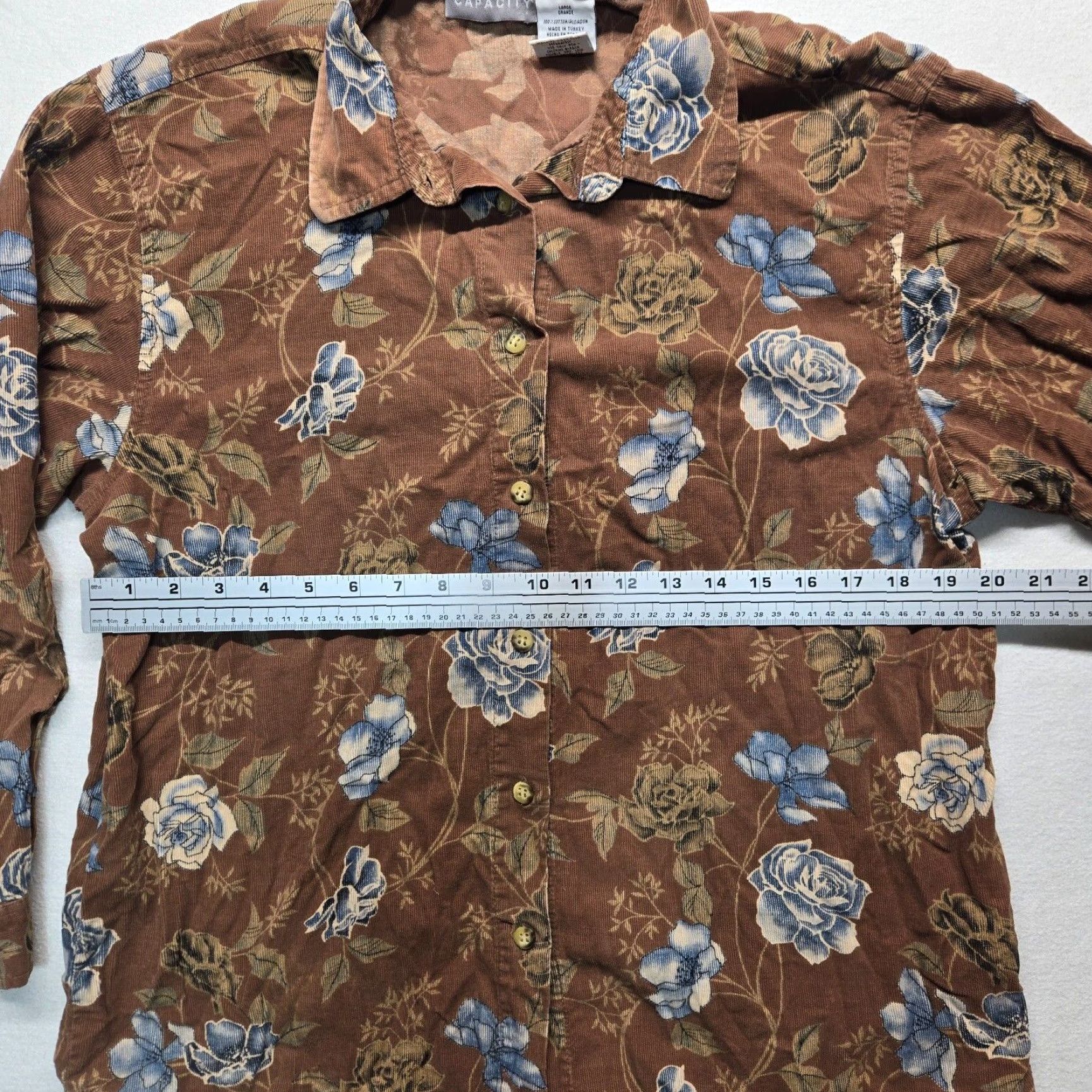 Vintage Capacity Shirt Brown W/ Blue Flowers Floral Button Up Cotton Women's L Hawaiian Floral Shirt Women L Brown Blue Flowers Cap City? Size L / US 10 / IT 46 - 4 Thumbnail