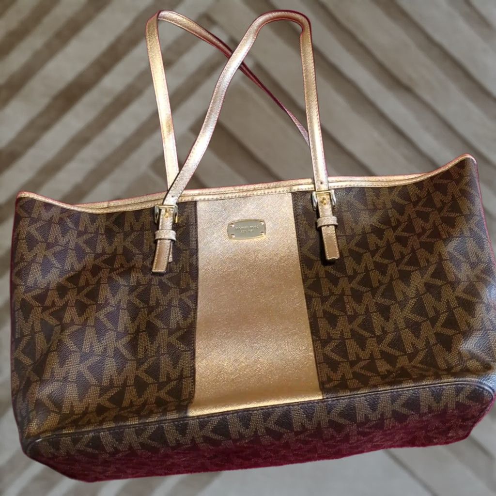 Michael Kors Michael Kors PVC Handbag Brown Gold Signature Large Tote Women’s Size ONE SIZE - 1 Thumbnail