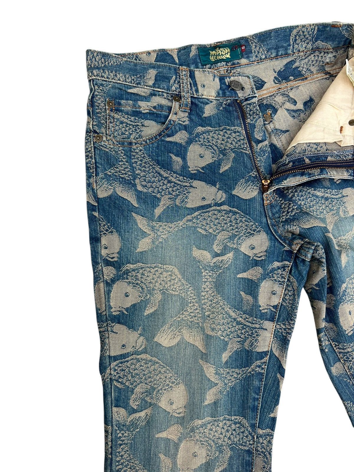 Karakuri Tamashii Mud Mash Mania Japan Embroidery Koi Fish Denim Flare Jeans Size US 29 - 6 Thumbnail