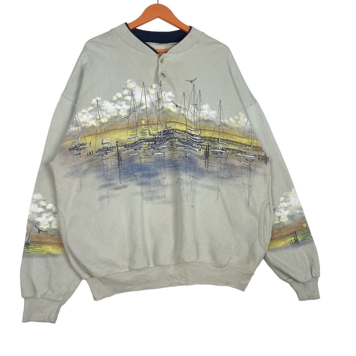 Designer × Vintage Sailboat Sunset Half Button Sweatshirt Pullover Jumper Size US XL / EU 56 / 4 - 4 Thumbnail