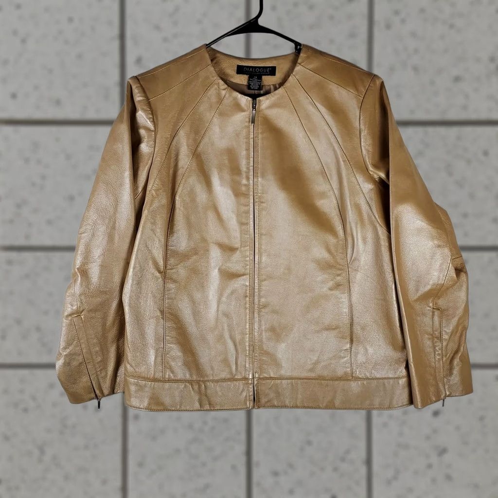 Vintage Dialogue Womens Leather Jacket 1X Beige Zip Up Coat Jacket Long Sleeve Mid-Length Casual Fall Winter Spring Men? Womens Size XL / US 12-14 / IT 48-50 - 1 Thumbnail