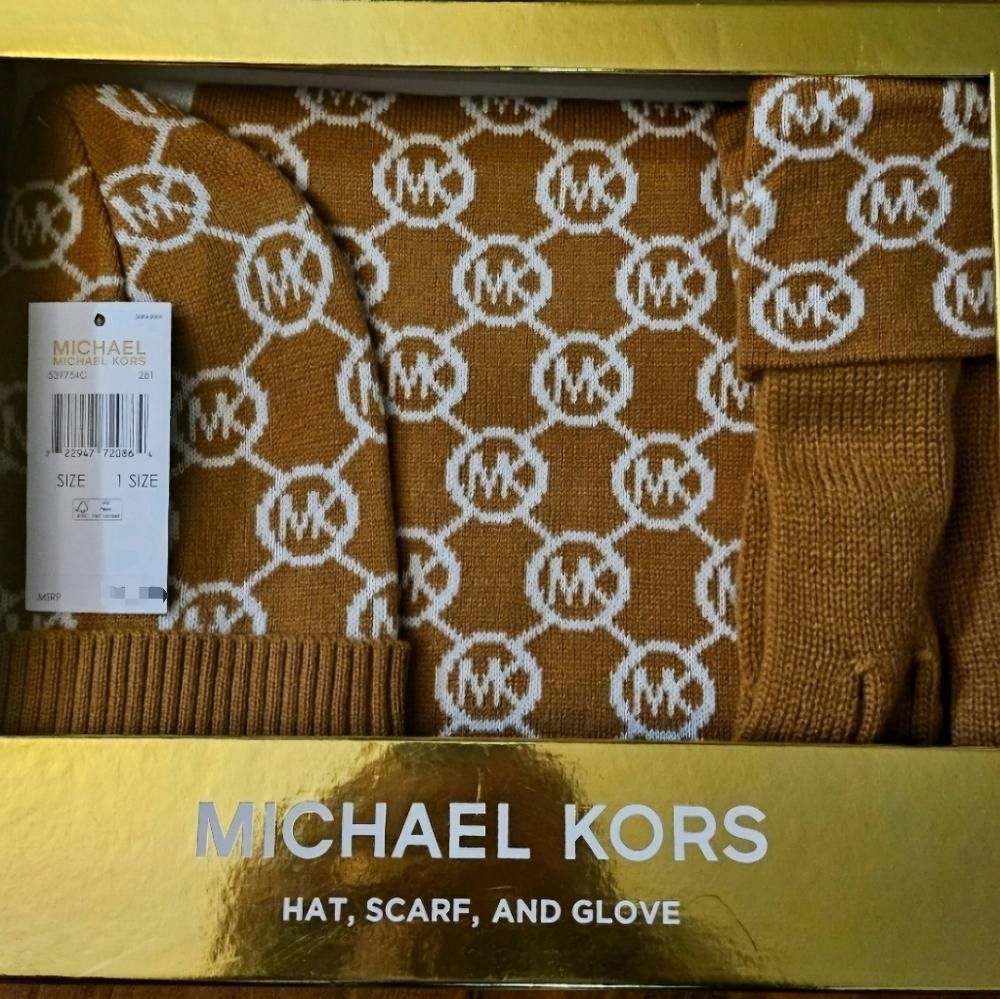 Michael Kors MICHAEL KORS 3-Piece Scarf Hat Gloves MK Brown Camel White Size ONE SIZE - 1 Preview