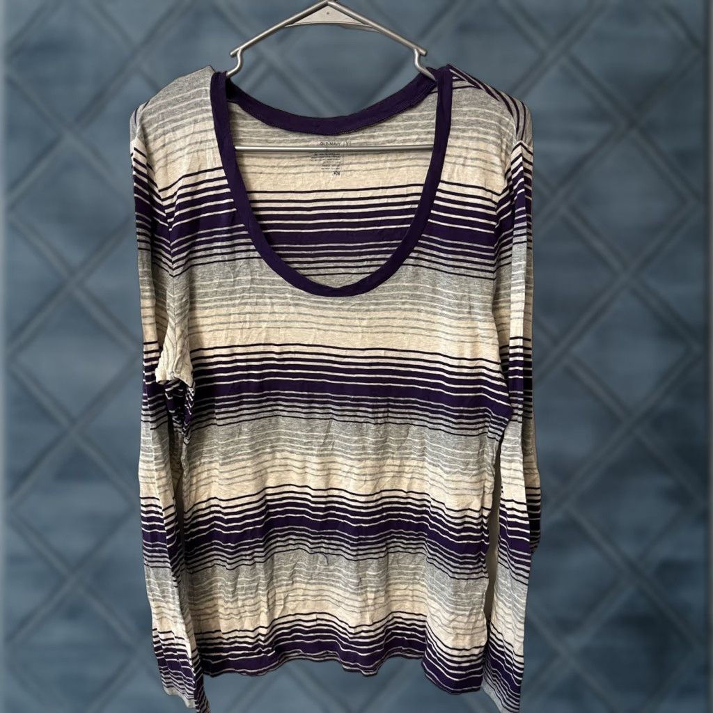 Old Navy Old Navy T Shirt Women XL Cotton Purple Gray Scoop Neck Pullover Long Sleeve Striped Basic Casual Workwear Dress up Size XL / US 12-14 / IT 48-50 - 1 Thumbnail