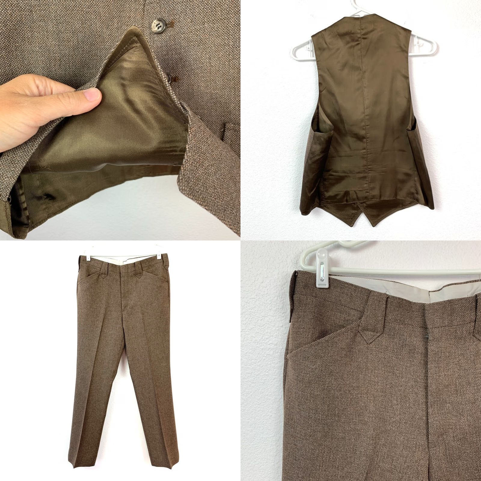 Vintage Vintage American Craftsman Brown 3 Piece Suit Jacket Vest Pants Hanger Rockabilly Mens 1980s Size 40R - 9 Thumbnail