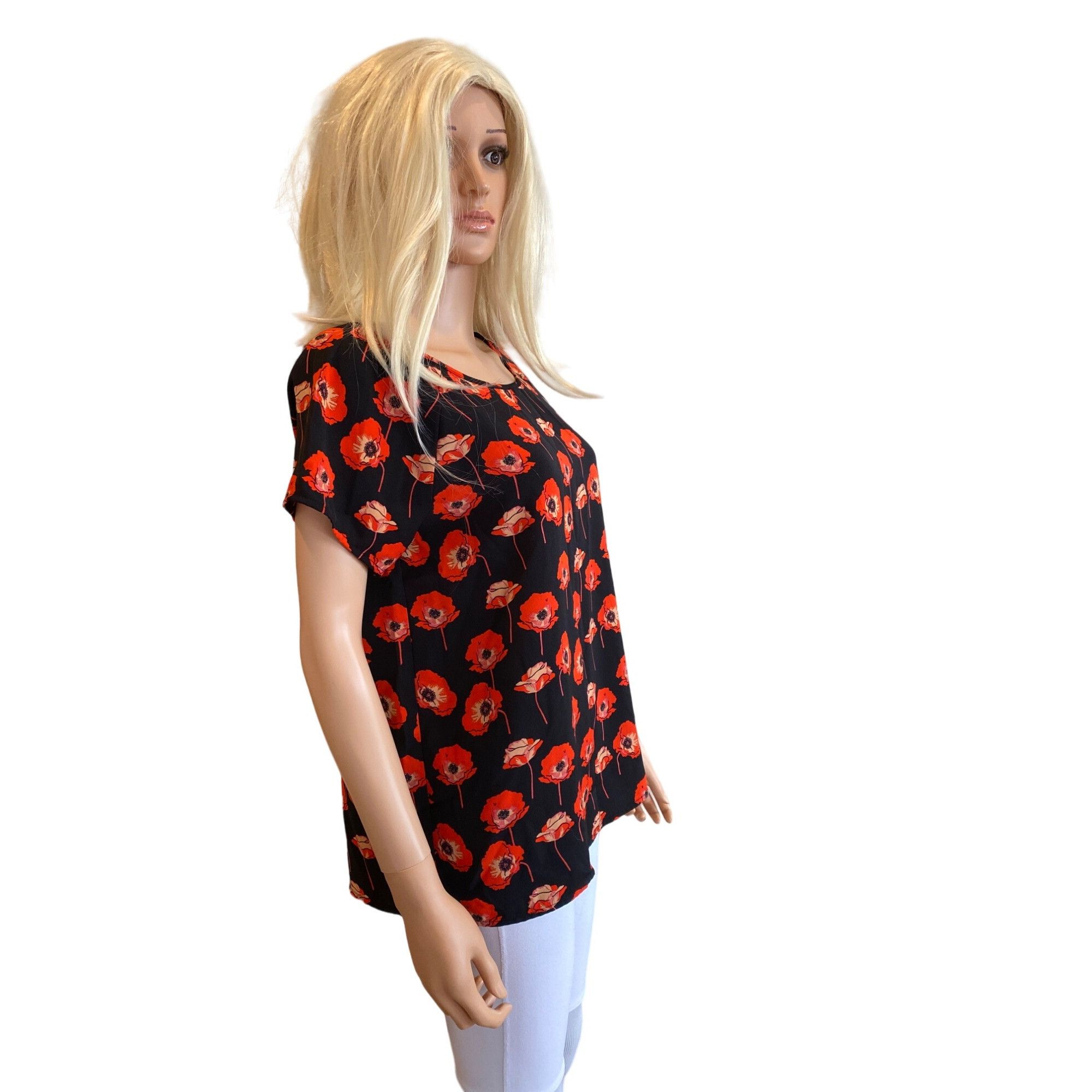Designer CAbi Red Poppies Short Sleeve Blouse Tunic W's Small Split B Size S / US 4 / IT 40 - 12 Thumbnail