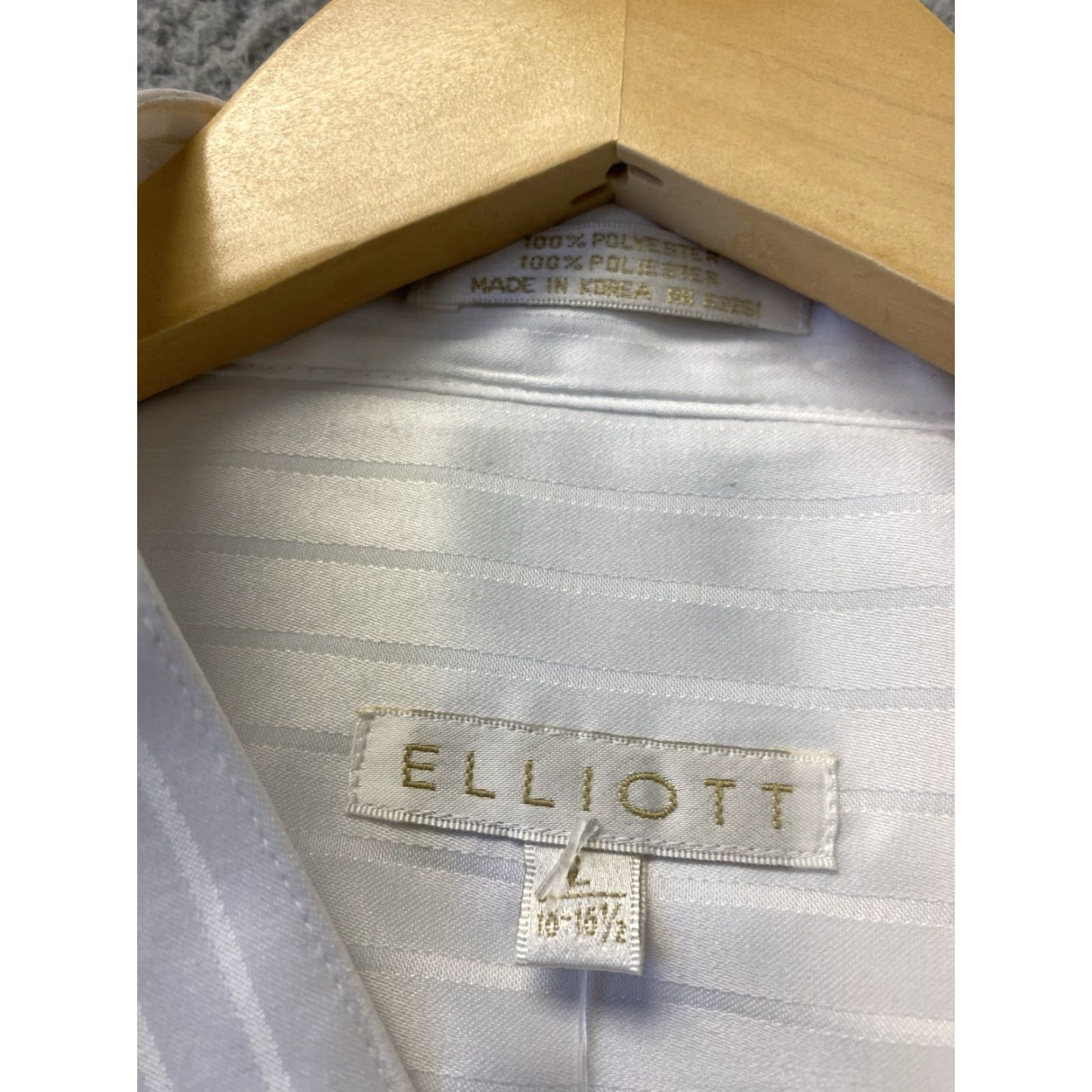 Vintage Elliott Men’s Dress Shirt Button-Down White Poly 100% Polyester L 16-16 1/2 Chest Sizes 87-103 / 87-103 Branded Size 42R - 4 Thumbnail