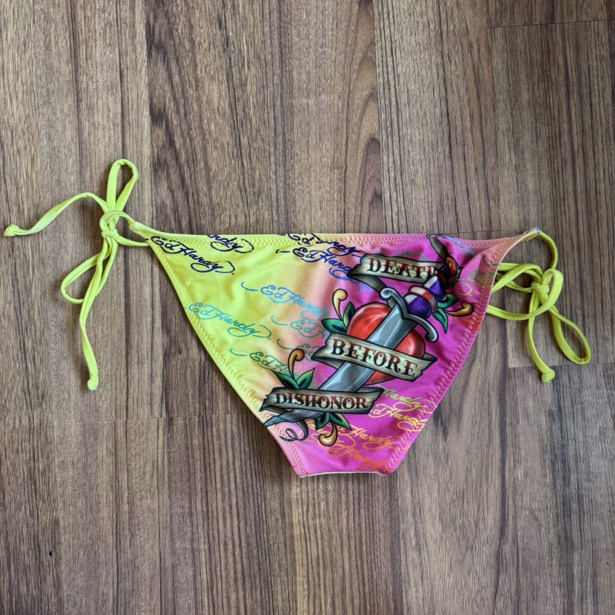 ED HARDY Vintage Y2K Rare Pink Yellow Dishonor Bikini Set