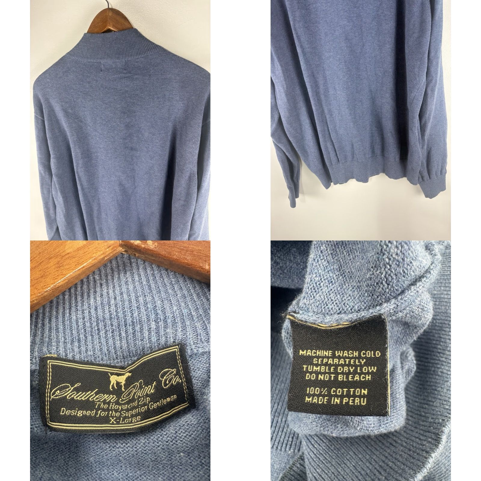 CO VINTAGE Southern Point Co Blue Pullover Sweater Men XL 100% Cotton Zip Mock Neck Casual Travel Winter Size US XL / EU 56 / 4 - 8 Thumbnail