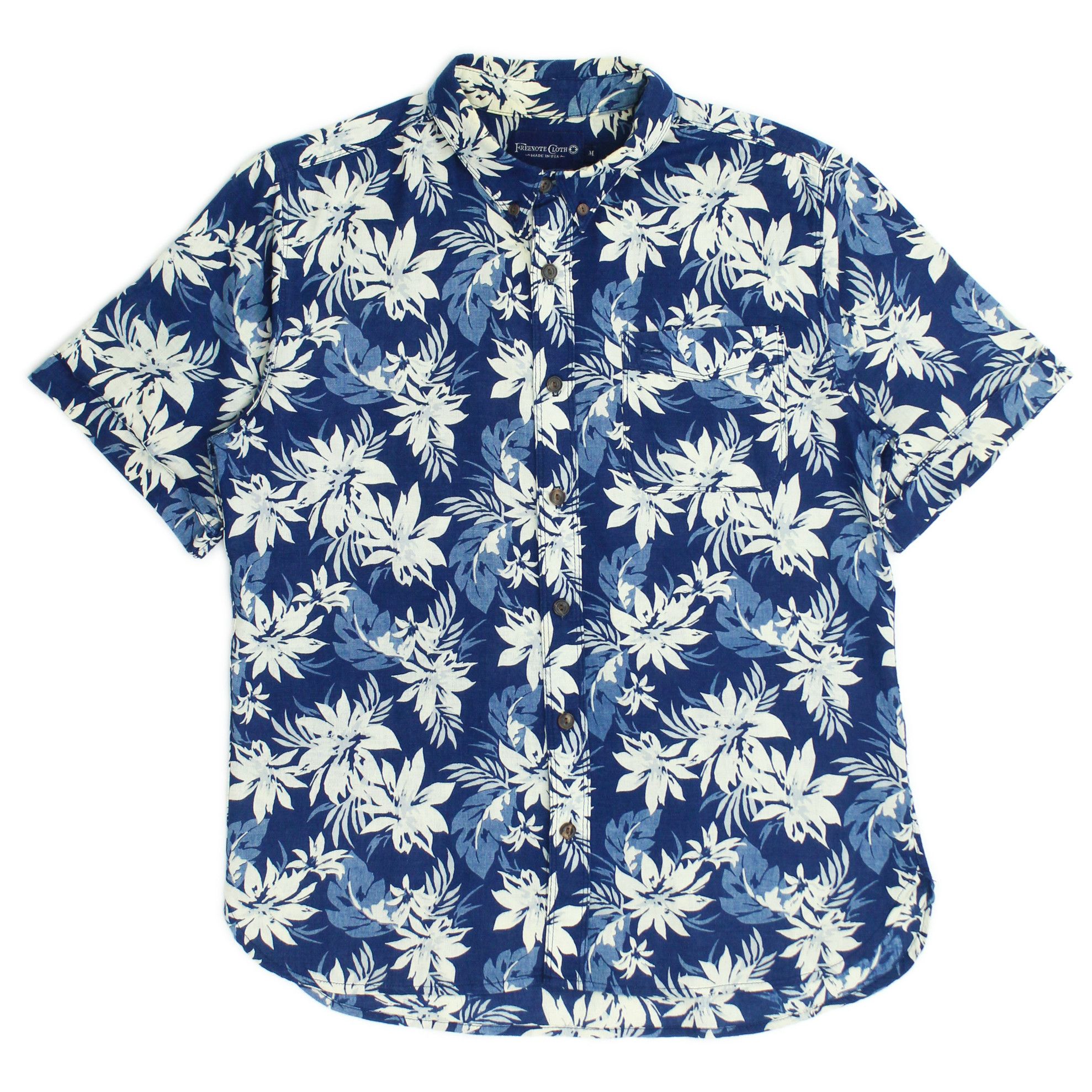 image of Freenote x Freenote Cloth Indigo Floral Print Japanese Cloth Short Sleeve Button Down (Size Medium)