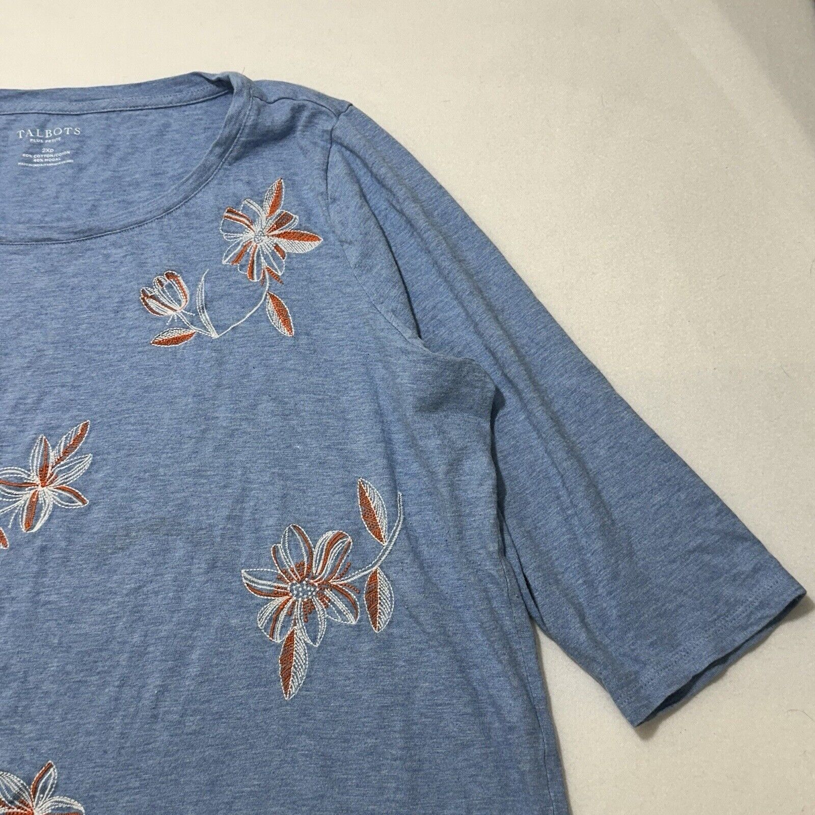 Other Talbots 2XP Blue Floral 3/4 Sleeve T Shirt Embroidered Size XXL / US 16-18 / IT 52-54 - 4 Thumbnail