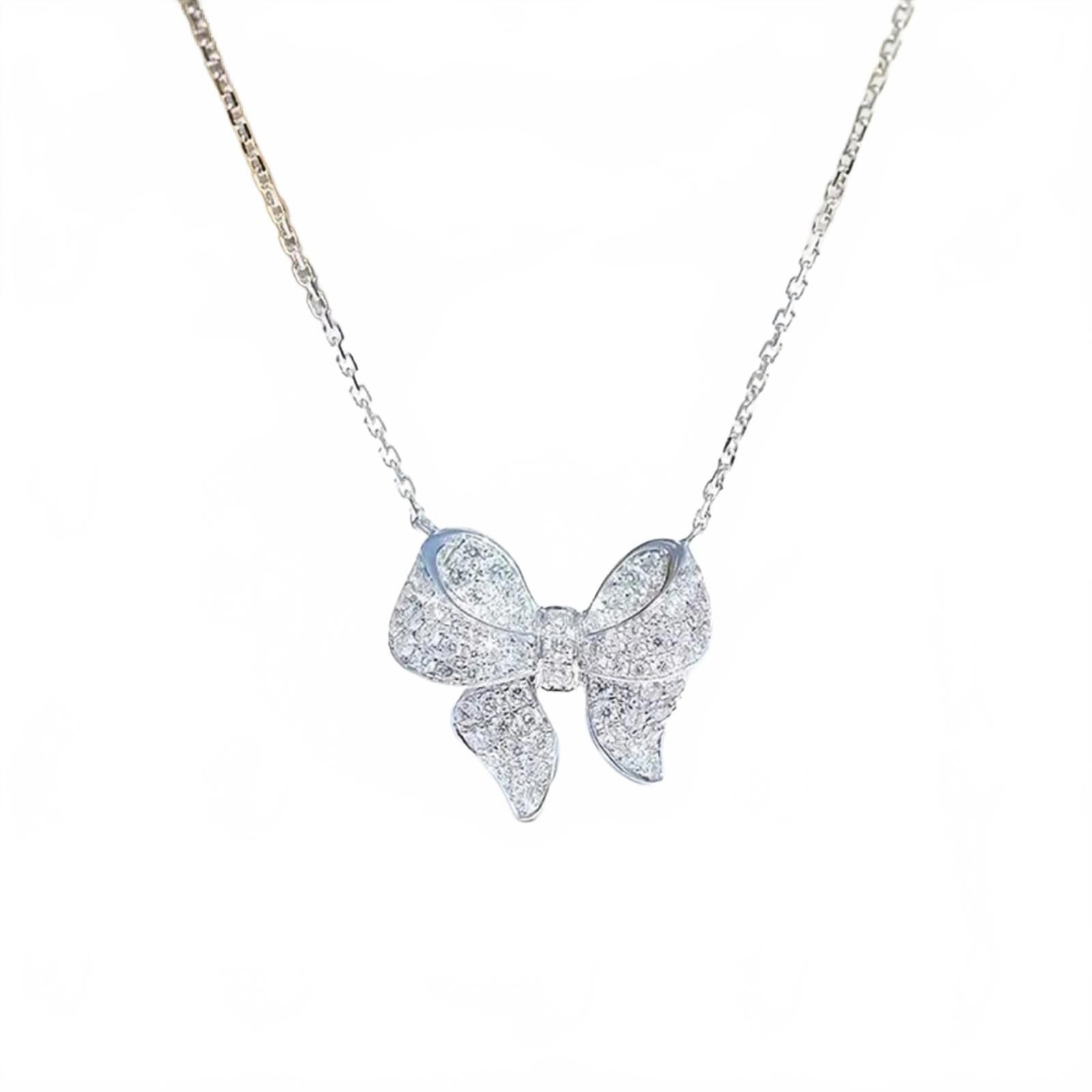 Designer Diamond CZ Bow Knot Necklace Silver Finish NWT Size ONE SIZE - 2 Thumbnail