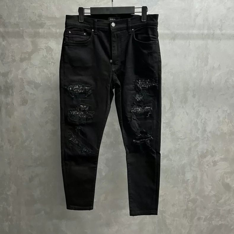 Amiri Amiri Black Solid Diamond Design Patchwork Denim Pants Size US 33 - 1 Thumbnail
