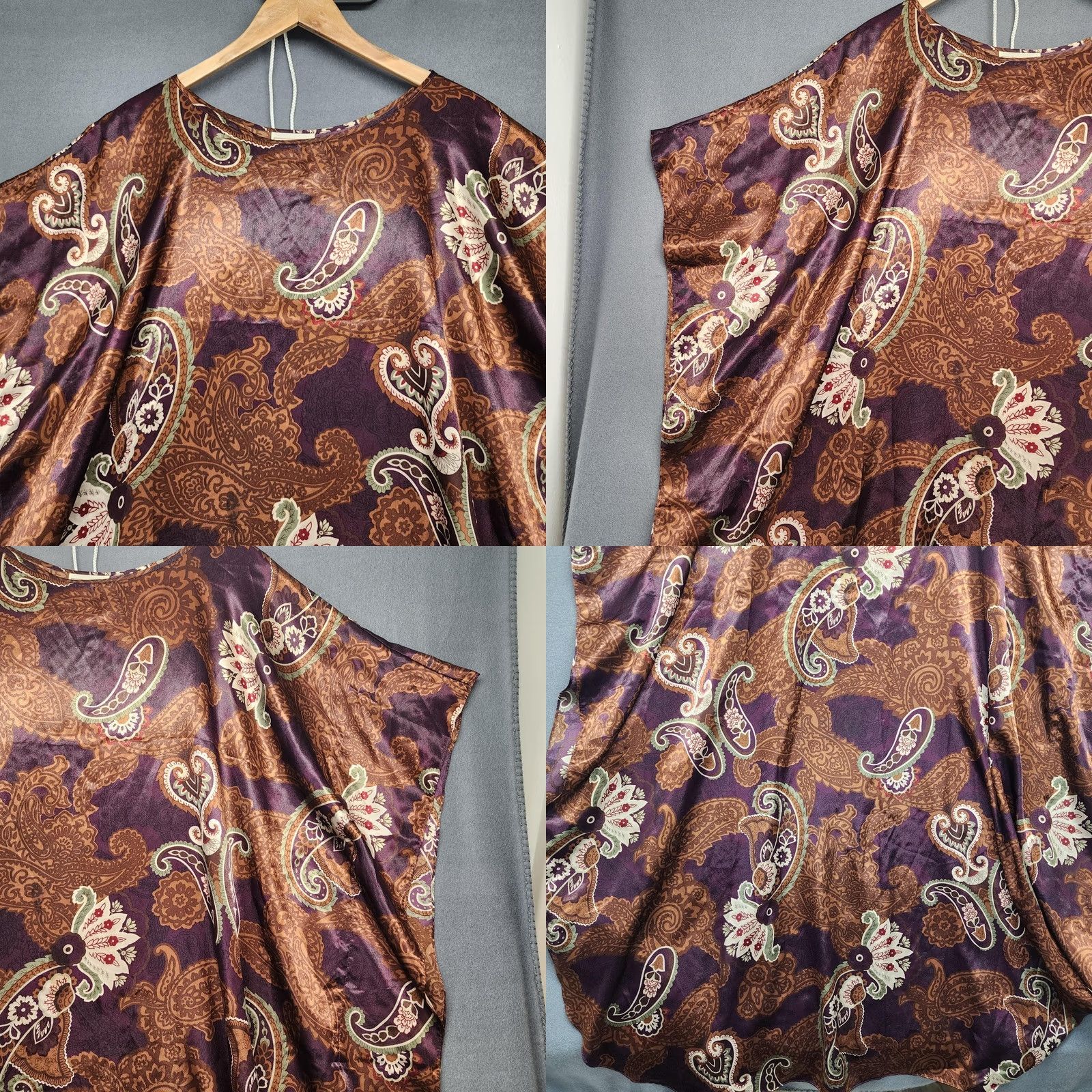 Vintage VINTAGE California Dynasty Kaftan Womens One Size Purple Brown Paisley Satin Made USA Sleeveless Gown Size ONE SIZE - 8 Thumbnail