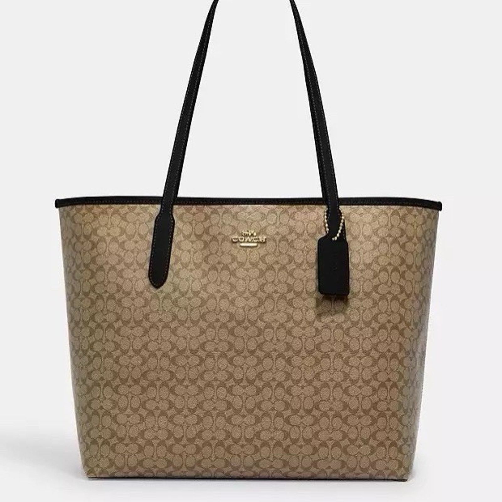 Coach NWT Coach CJ942 City Tote Khaki Brown Black Leather Bag Size ONE SIZE - 6 Thumbnail