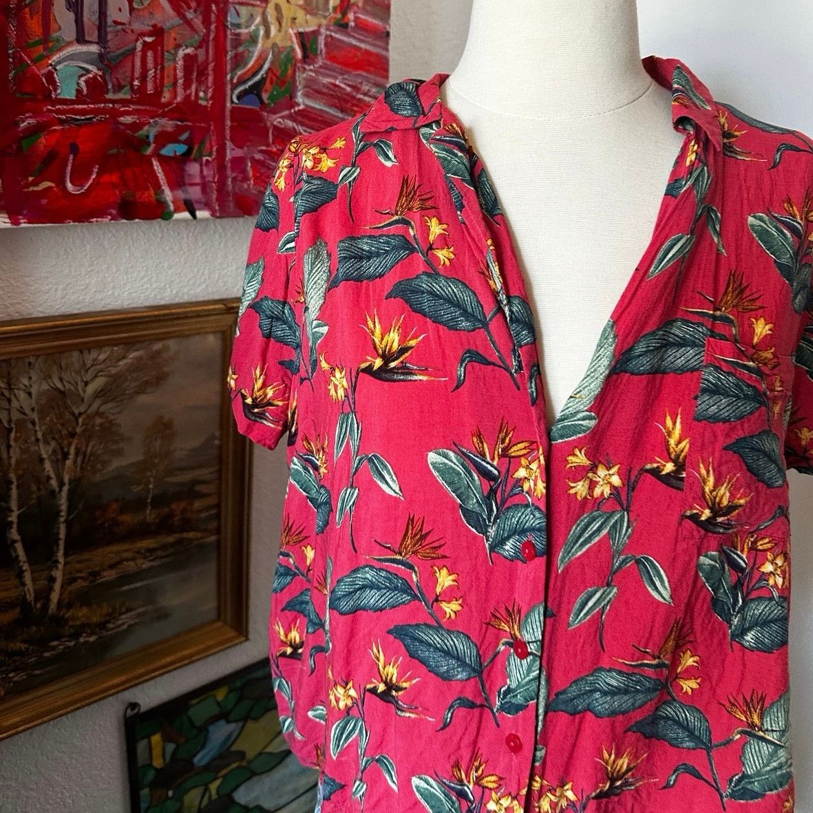 Forever 21 red floral hawaiian forever 21 button up shirt Size S / US 4 / IT 40 - 2 Thumbnail