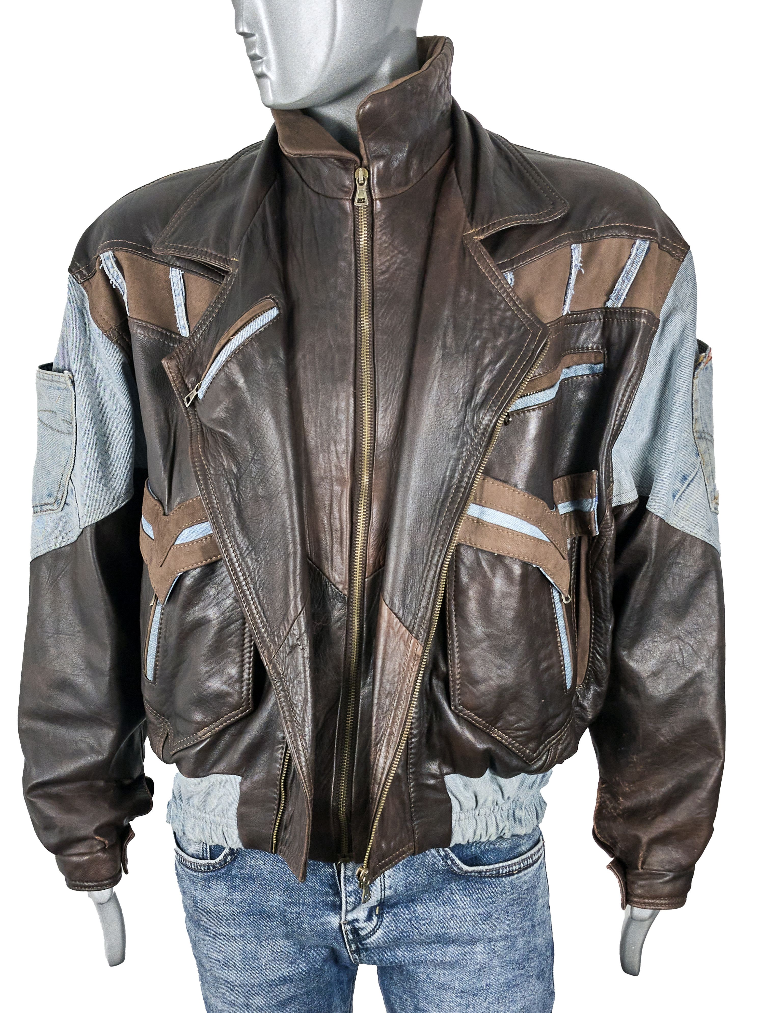 Vintage Vintage 80s Italian leather biker jacket with denim inserts Size US XL / EU 56 / 4 - 8 Thumbnail
